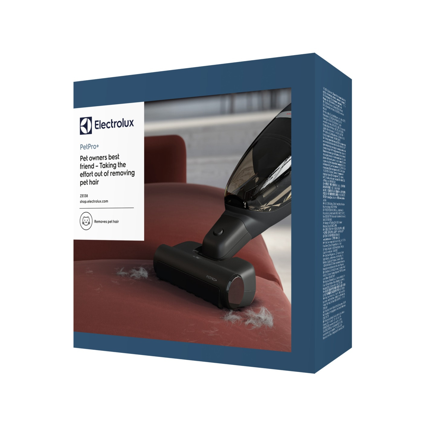 Aspiradora Electrolux PetPro+. Caja con aspiradora, sofá rojo y pelo de mascota. Fondo blanco.