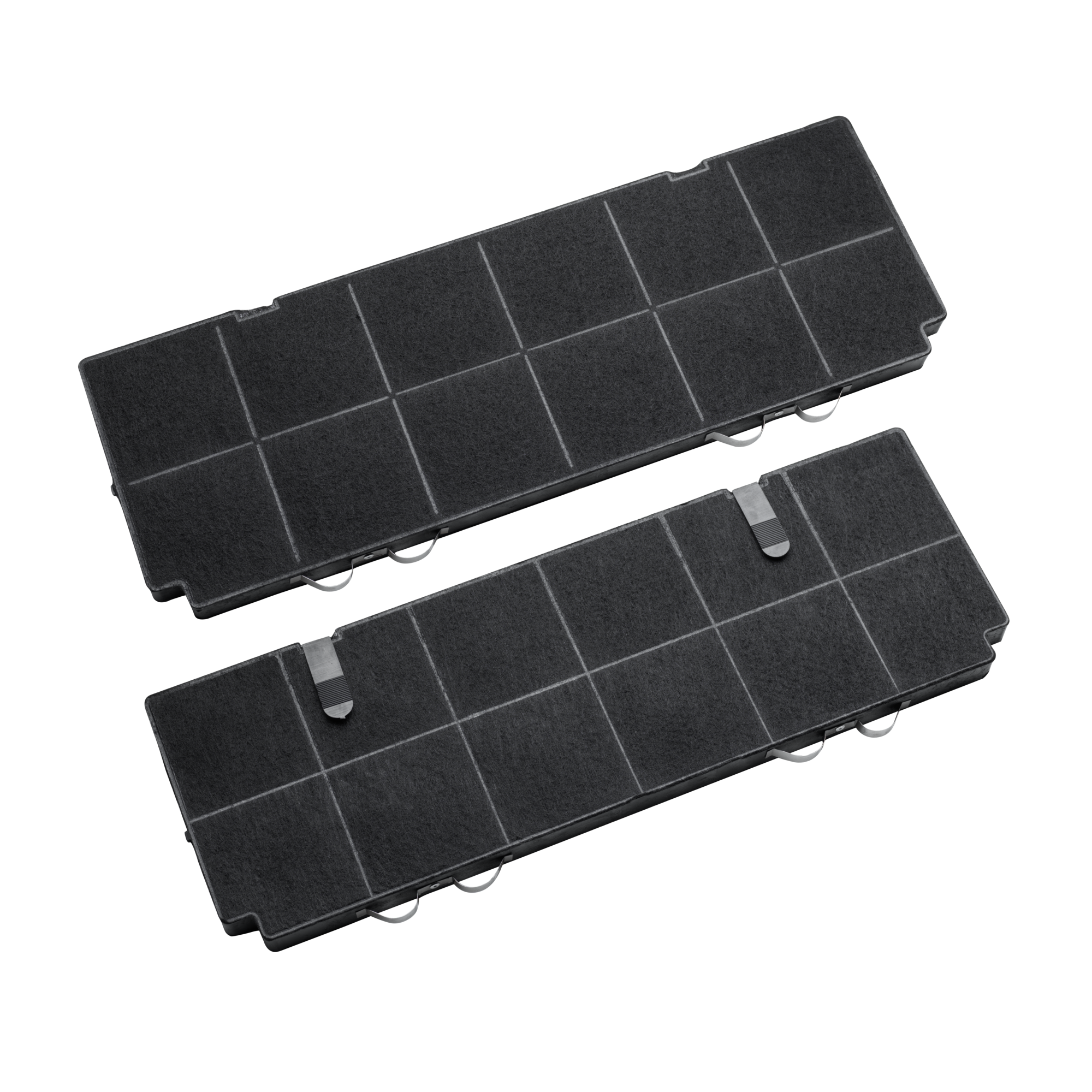 Dwa czarne prostokątne filtry z wzorem siatki, na czarnym tle.