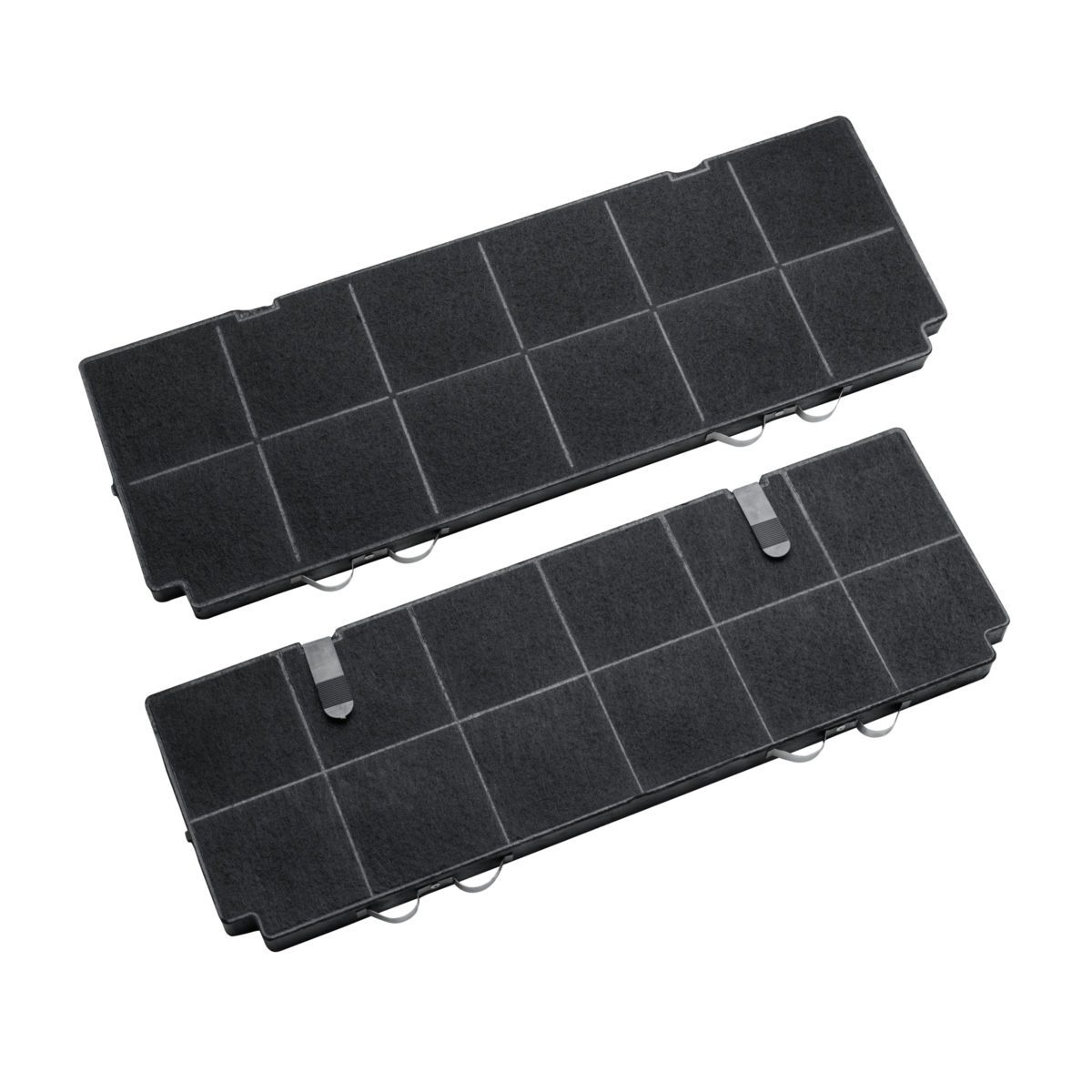 Dwa czarne prostokątne filtry z wzorem siatki, na czarnym tle.