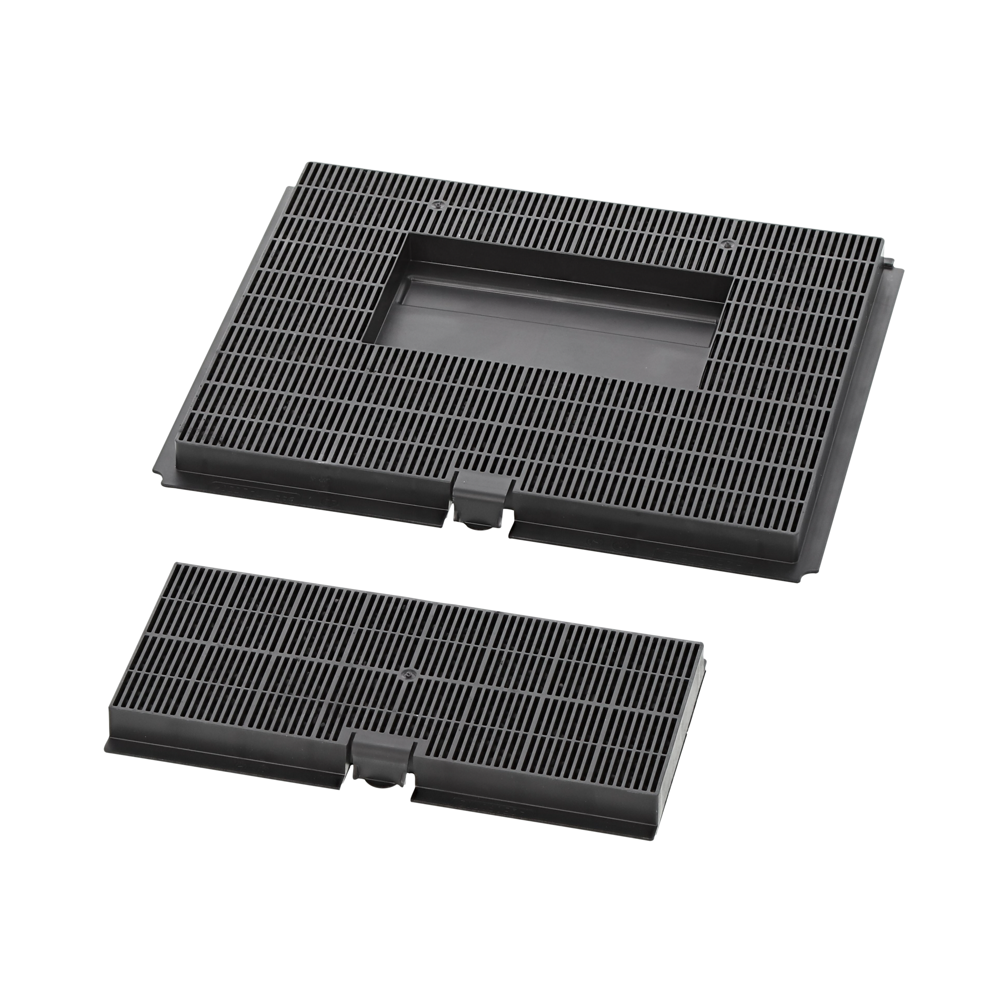 Dos filtros rectangulares negros con un patrón de rejilla, sobre un fondo negro.