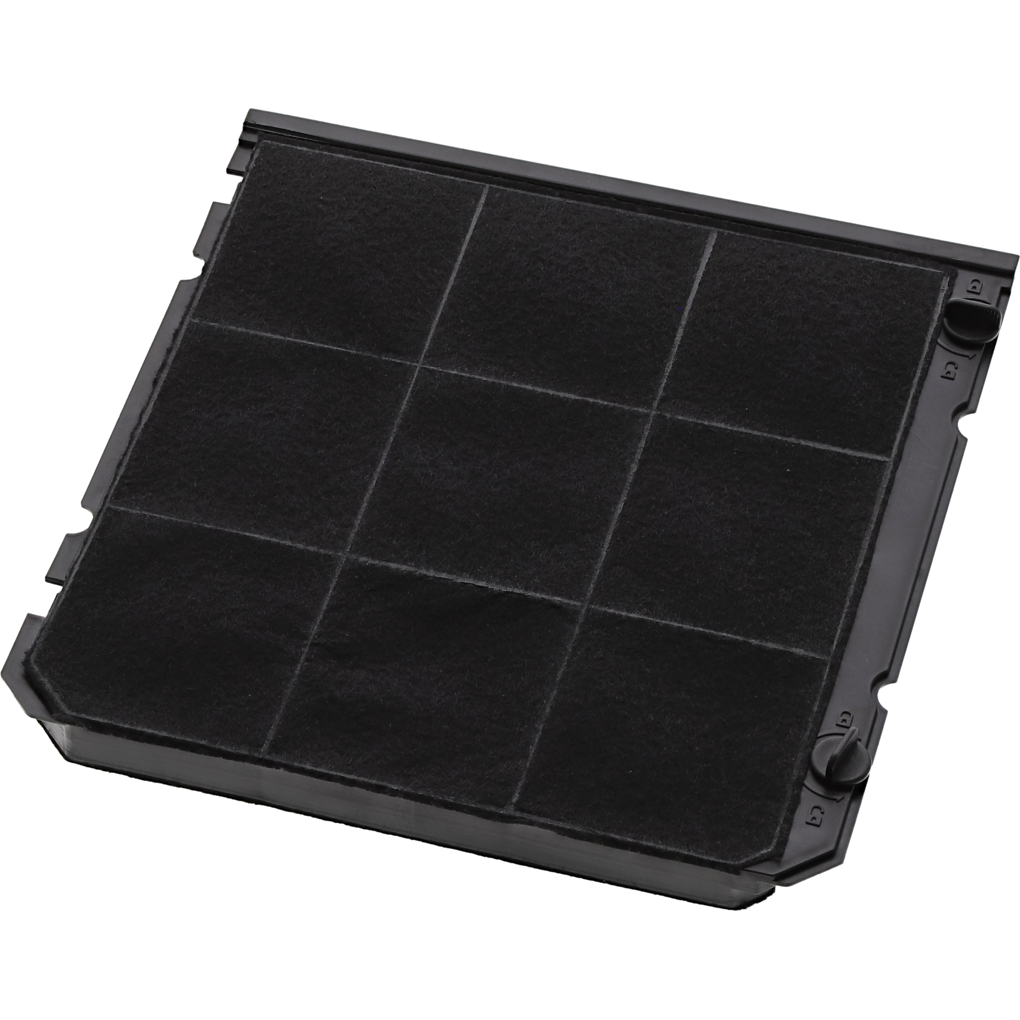 Filtro dell'aria quadrato nero con nove quadrati a griglia. Sfondo nero.