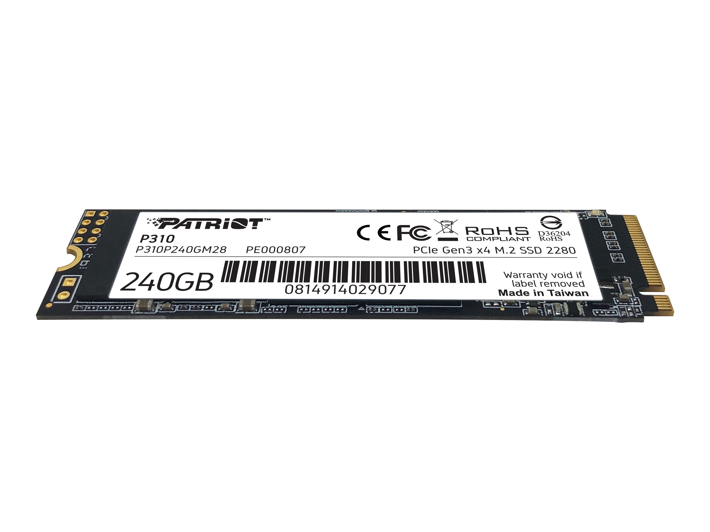 Czarny dysk SSD z logo Patriot i tekstem, w tym rozmiarem 240 GB i numerem modelu P310.