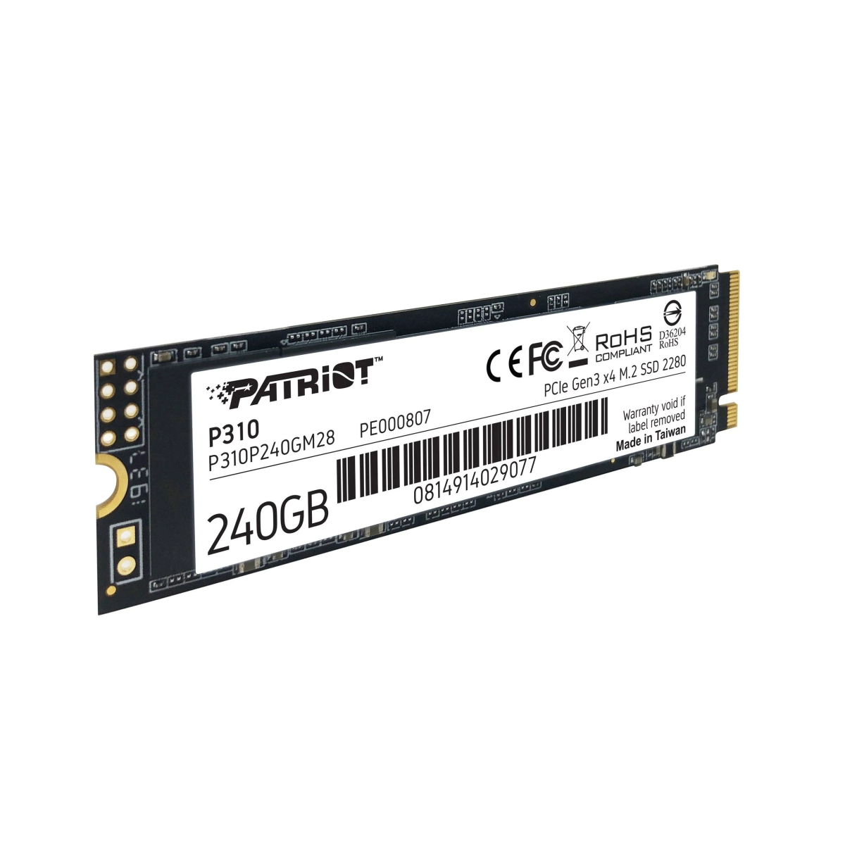 Dysk SSD Patriot, biała etykieta z czarnym korpusem. Tekst 240GB, PCIe Gen3 x4 SSD.