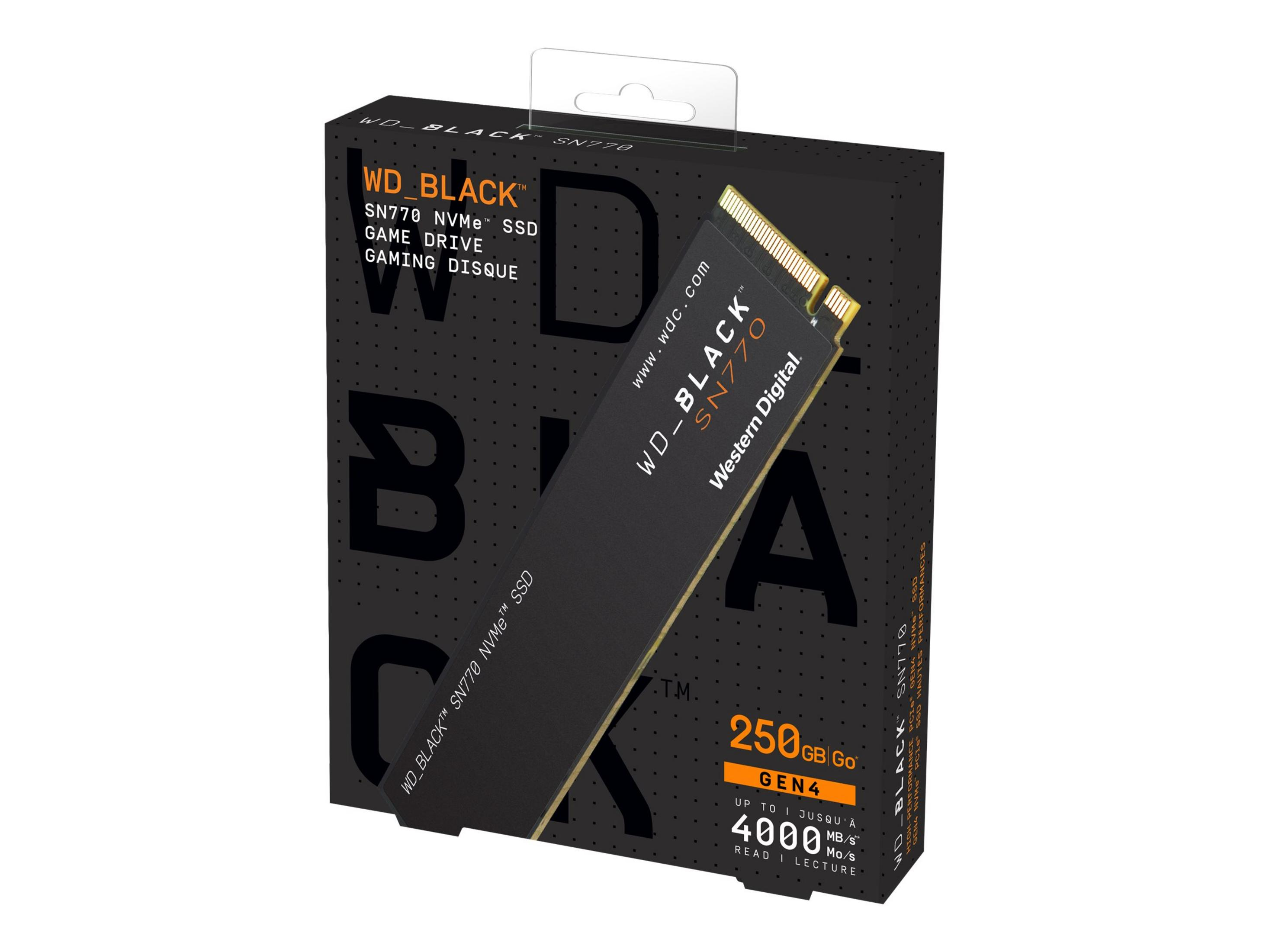 SSD WD_BLACK in una scatola. Bianco e nero, con testo '250GB Go Gen4'.