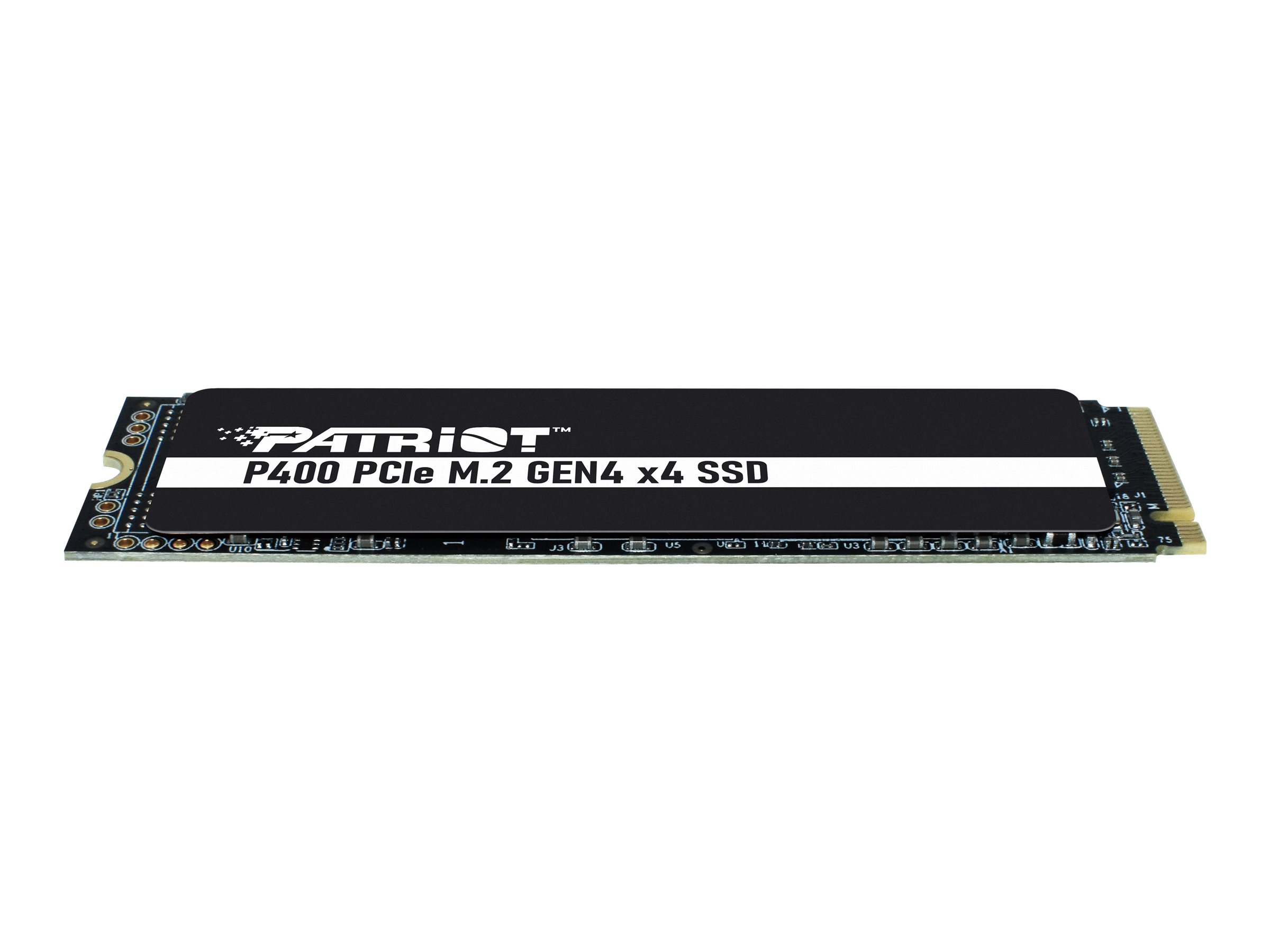 Un SSD nero con il logo Patriot e testo, incluso 'P400 PCIe M.2 GEN4 x4 SSD'.