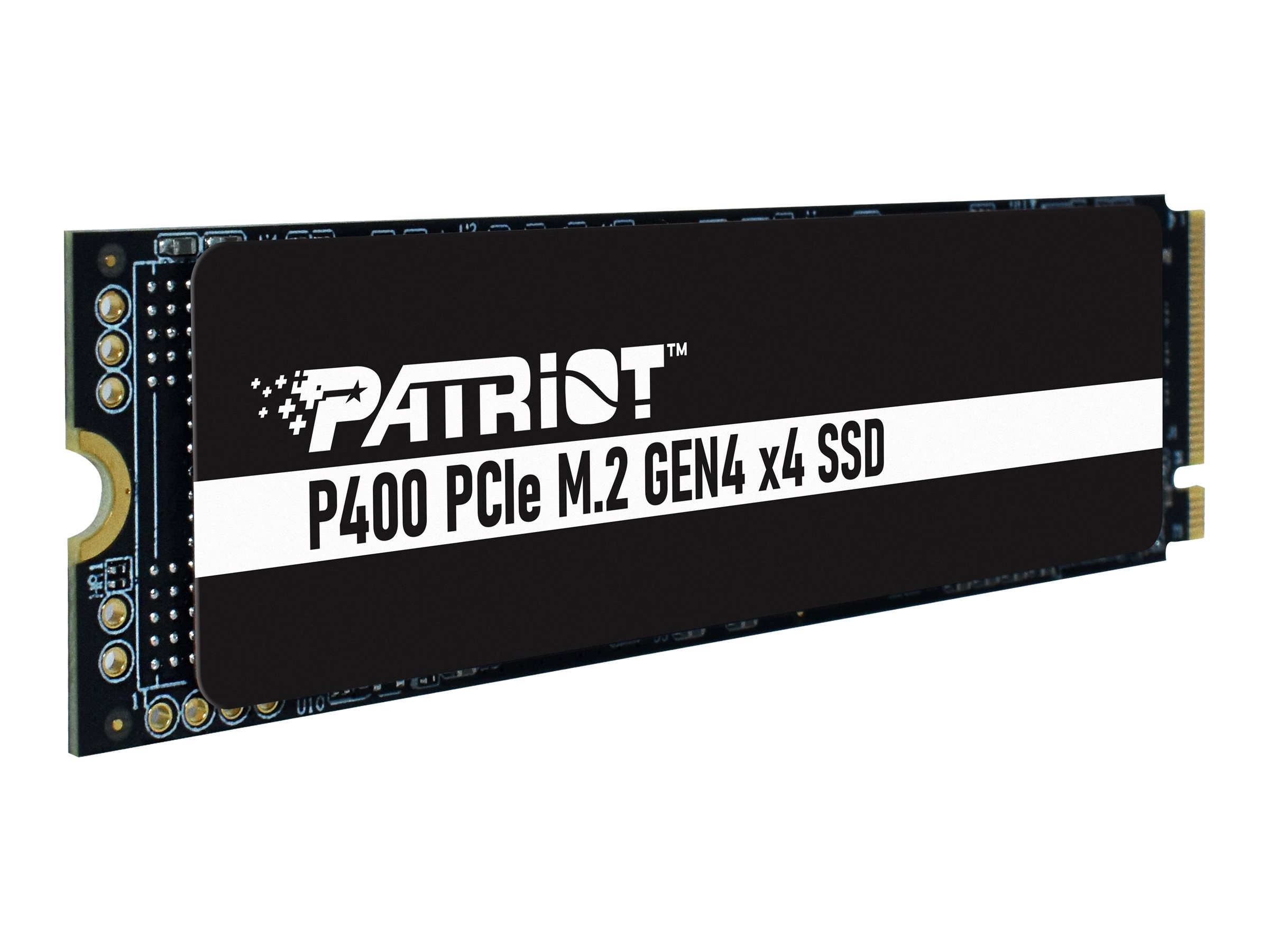 Un SSD nero con il logo Patriot e il testo 'P400 PCIe M.2 GEN4 x4 SSD'. Ha connettori dorati.