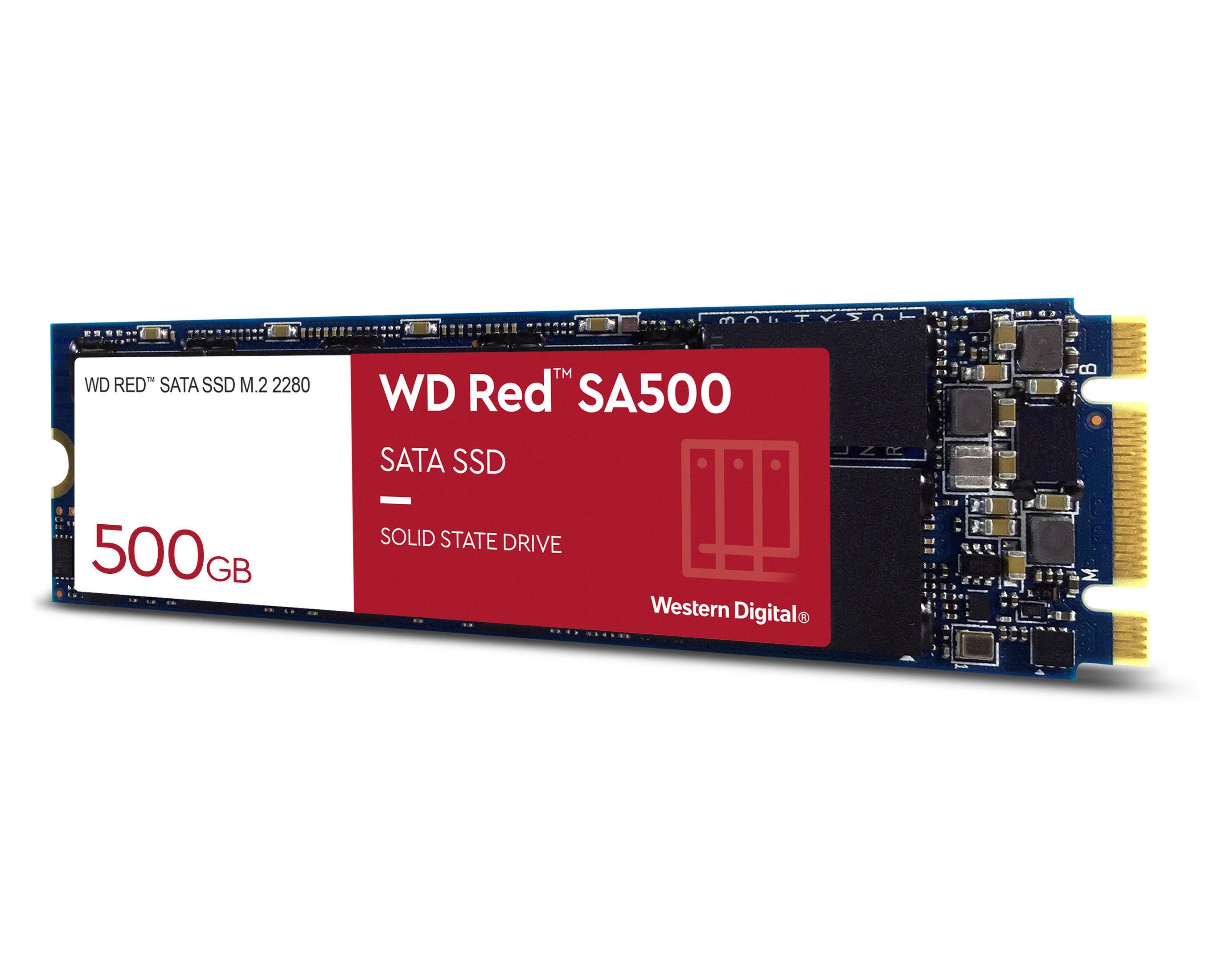 Niebieski dysk SSD z czerwoną etykietą. Tekst zawiera 'WD Red SA500 500GB'. Obecne jest logo WD Red.