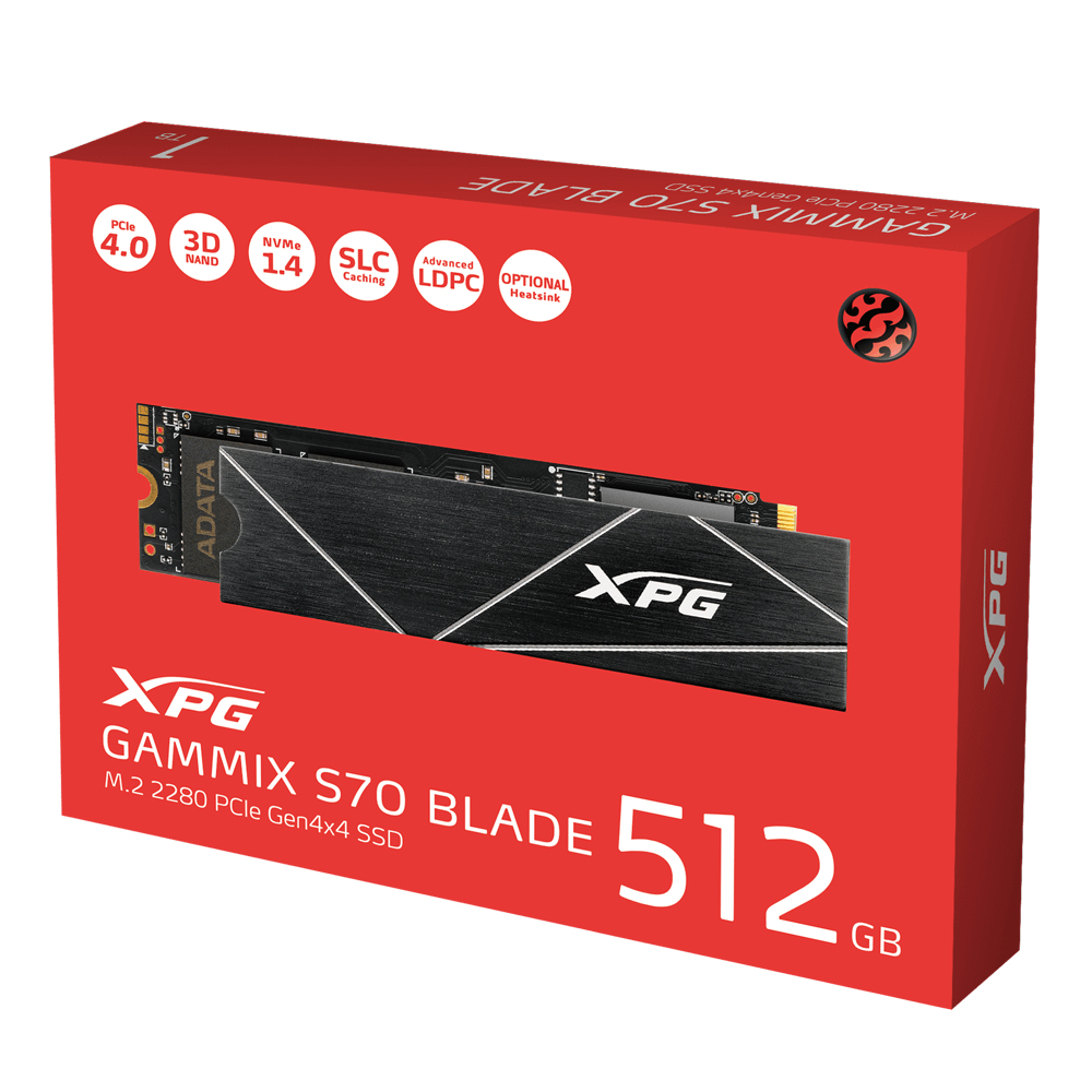 SSD XPG GAMMIX S70 BLADE in confezione. Scatola rossa, SSD nero, testo bianco.