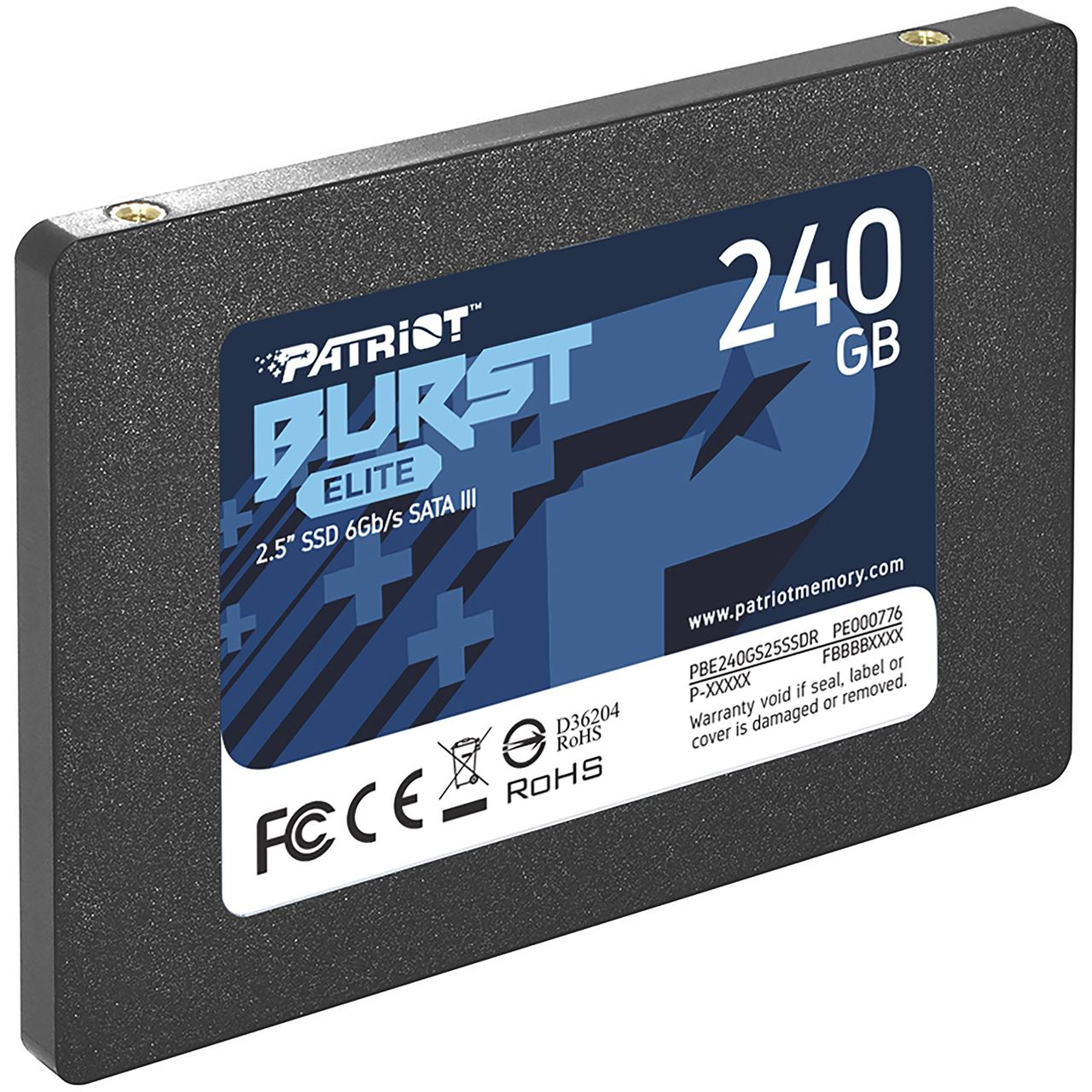 Czarny dysk SSD z niebieską etykietą. Tekst zawiera 'PATRIOT BURST ELITE 240GB'. Widoczne logo RoHS i FCC.