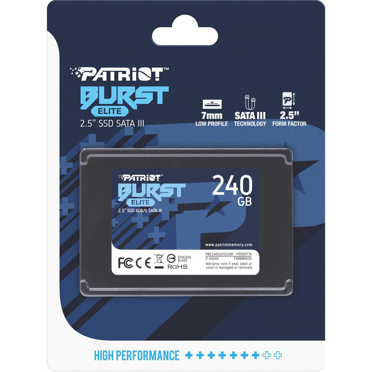 Dysk SSD Patriot Burst Elite 240GB w opakowaniu. Czarno-niebieski design, biały tekst.