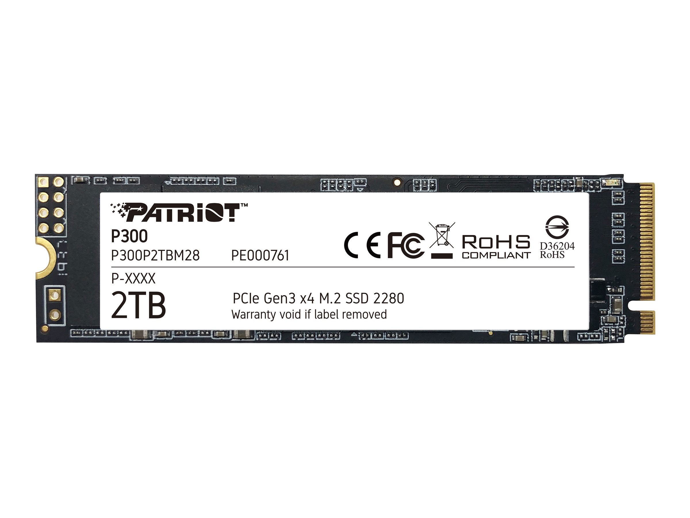 SSD nero con etichetta bianca. Il testo include 'PATRIOT P300 2TB'. Sono presenti i loghi RoHS e CE.