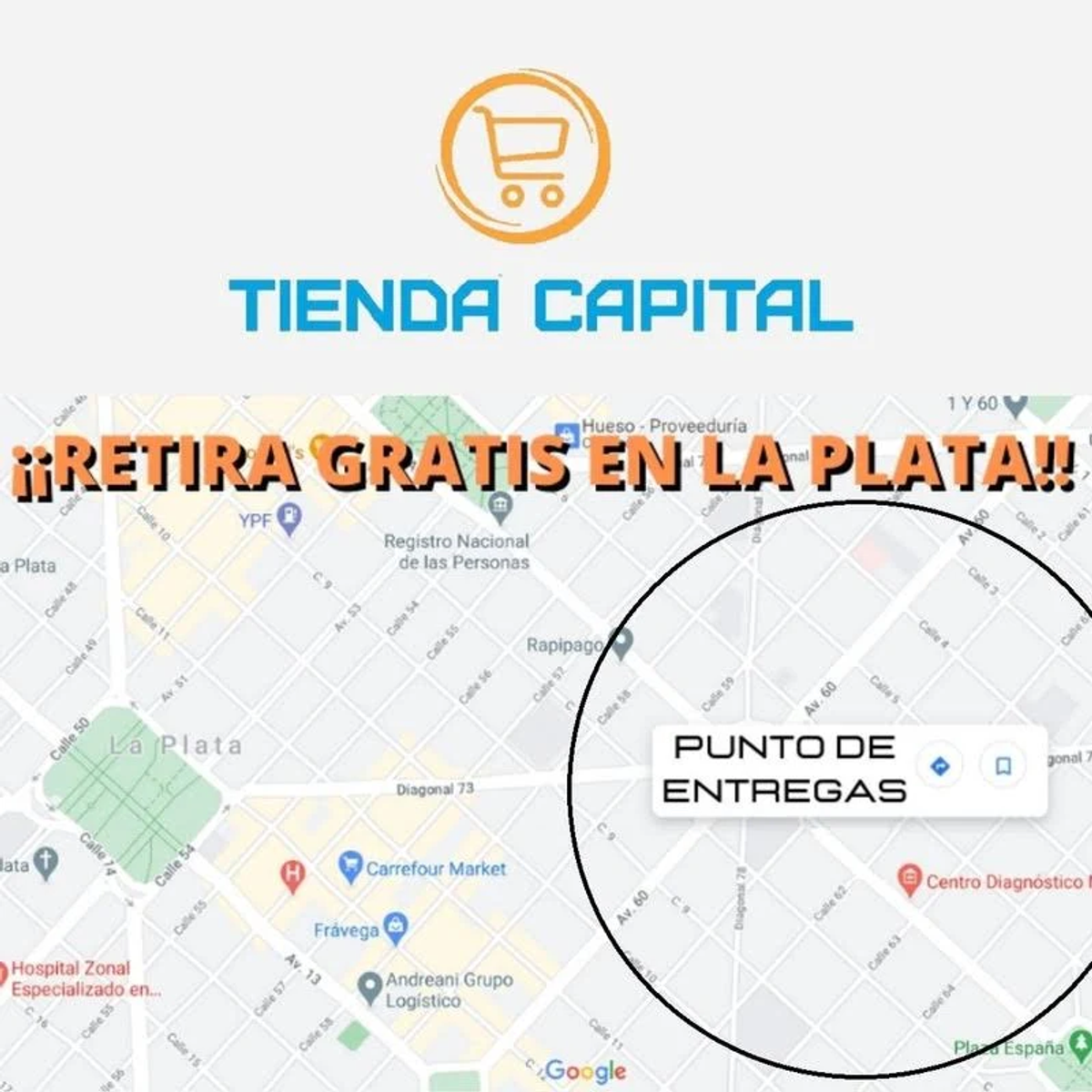 Mapa z okręgiem pokazującym punkt dostawy i tekstem 'TIENDA CAPITAL'.