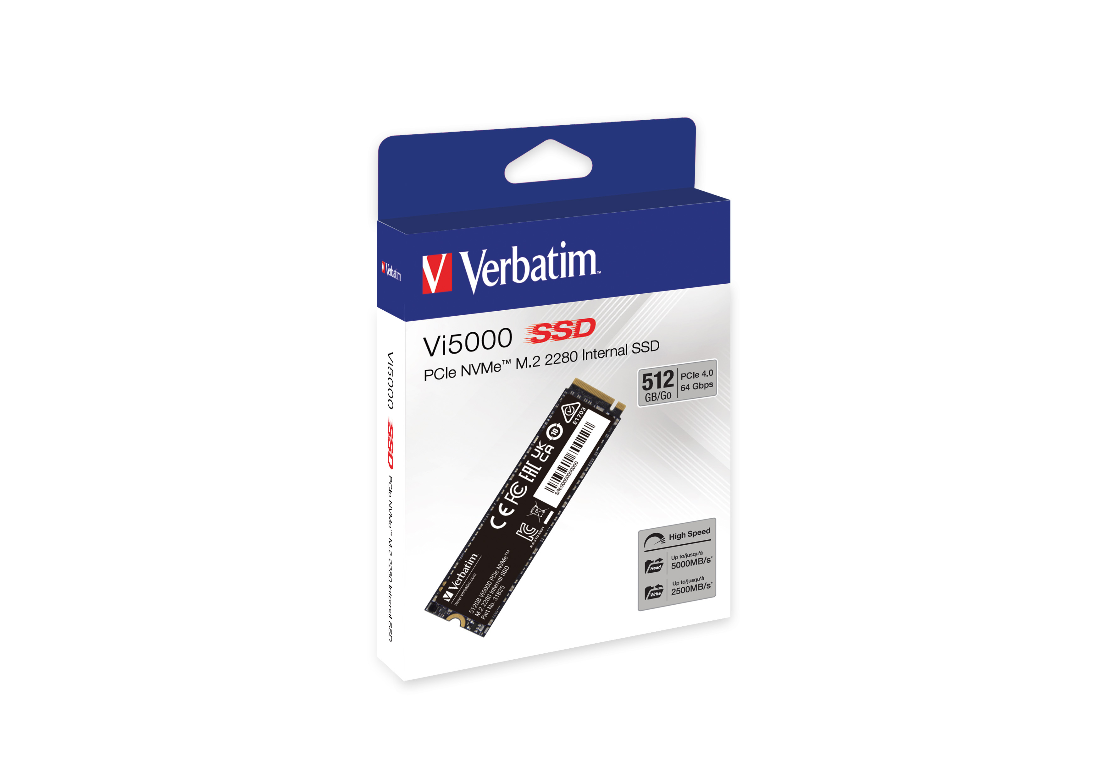 SSD Verbatim Vi5000 in una scatola, con dettagli del prodotto.