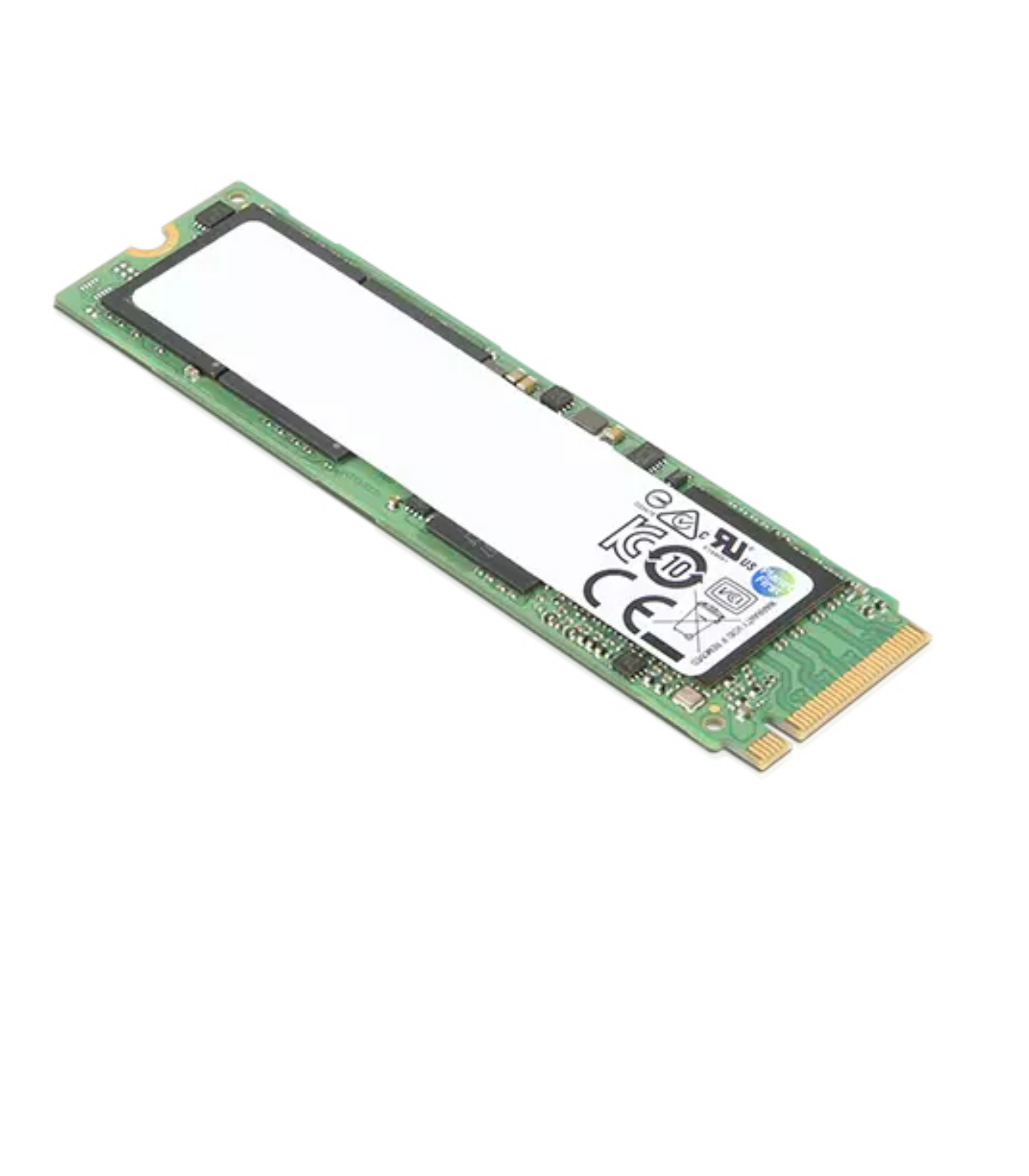 SSD-Karte mit grünen, weißen und schwarzen Komponenten. Sie hat goldene Anschlüsse.