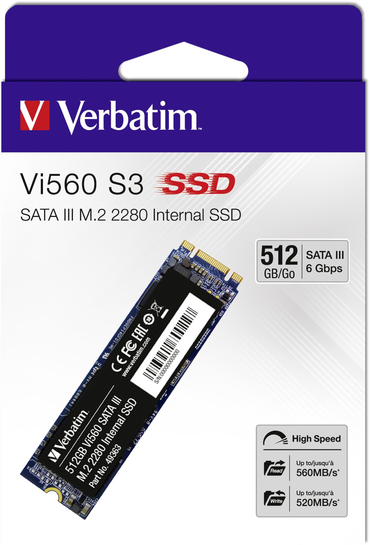 SSD Verbatim Vi560 S3 en emballage. Bleu et noir avec étiquettes.