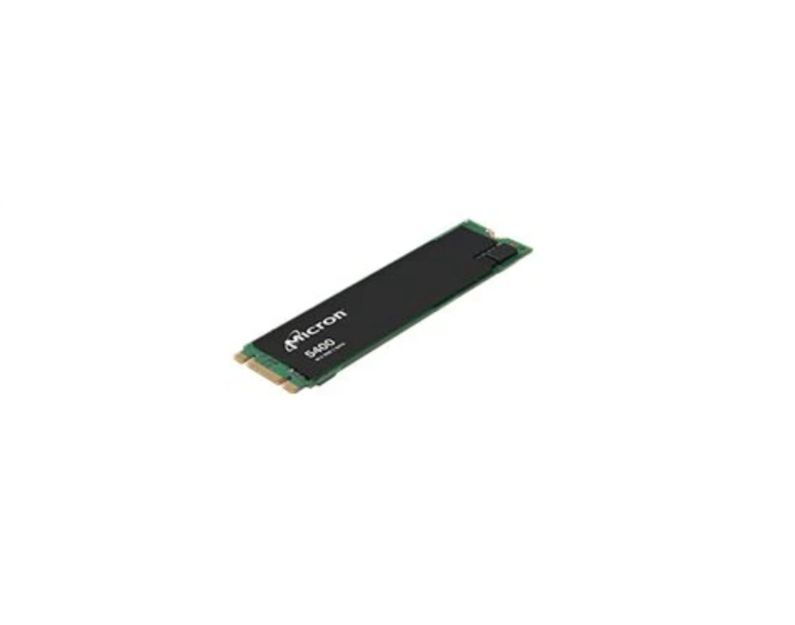 SSD Micron 5400 su bianco. Etichetta nera, circuito stampato verde.
