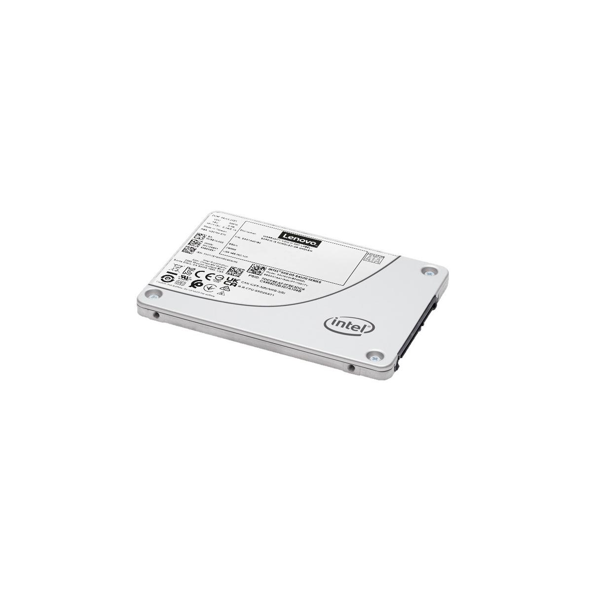 Graue Lenovo SSD mit Intel-Logo. Weißer Hintergrund, Schrägansicht.