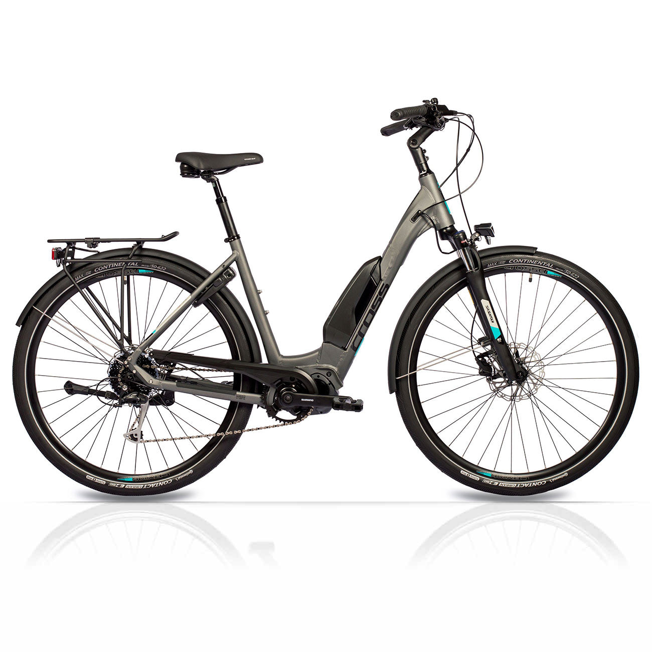 Graues Elektrofahrrad mit schwarzen Reifen und türkisfarbenen Akzenten. Weißer Hintergrund.