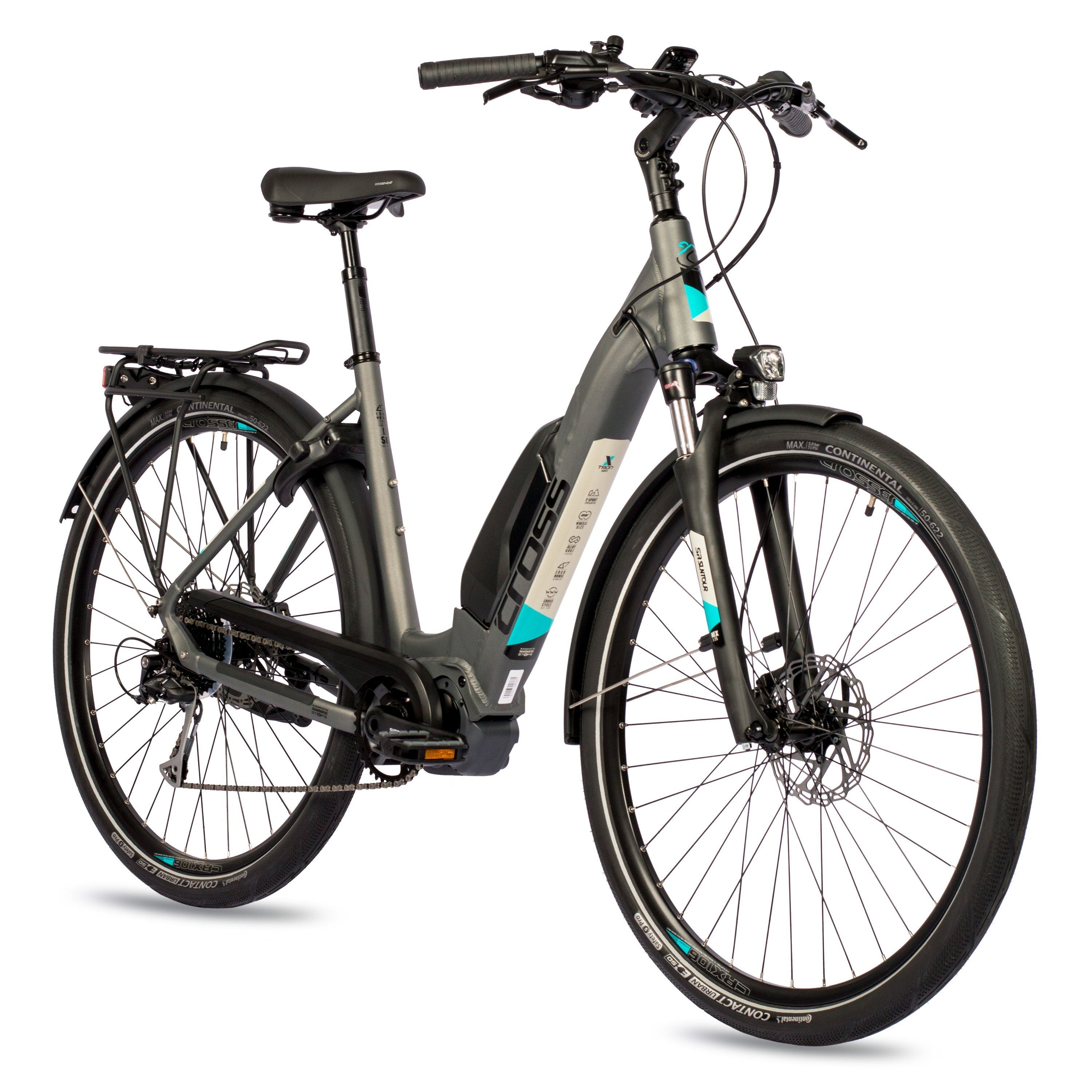 Graues Elektrofahrrad mit schwarzen Reifen und türkisfarbenen Akzenten. Weißer Hintergrund.