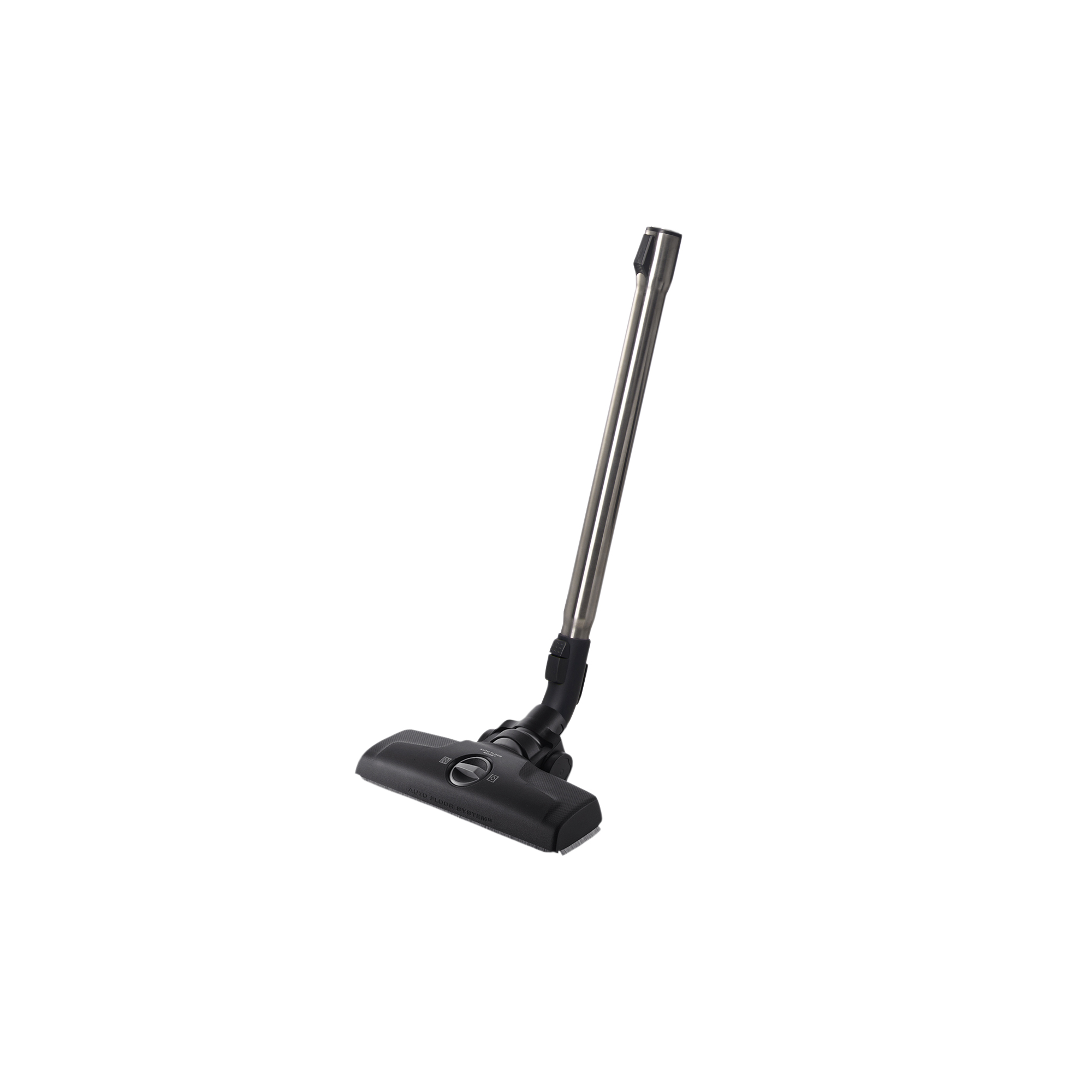 Głowica odkurzacza z metalową rurą, wyizolowana na białym tle.