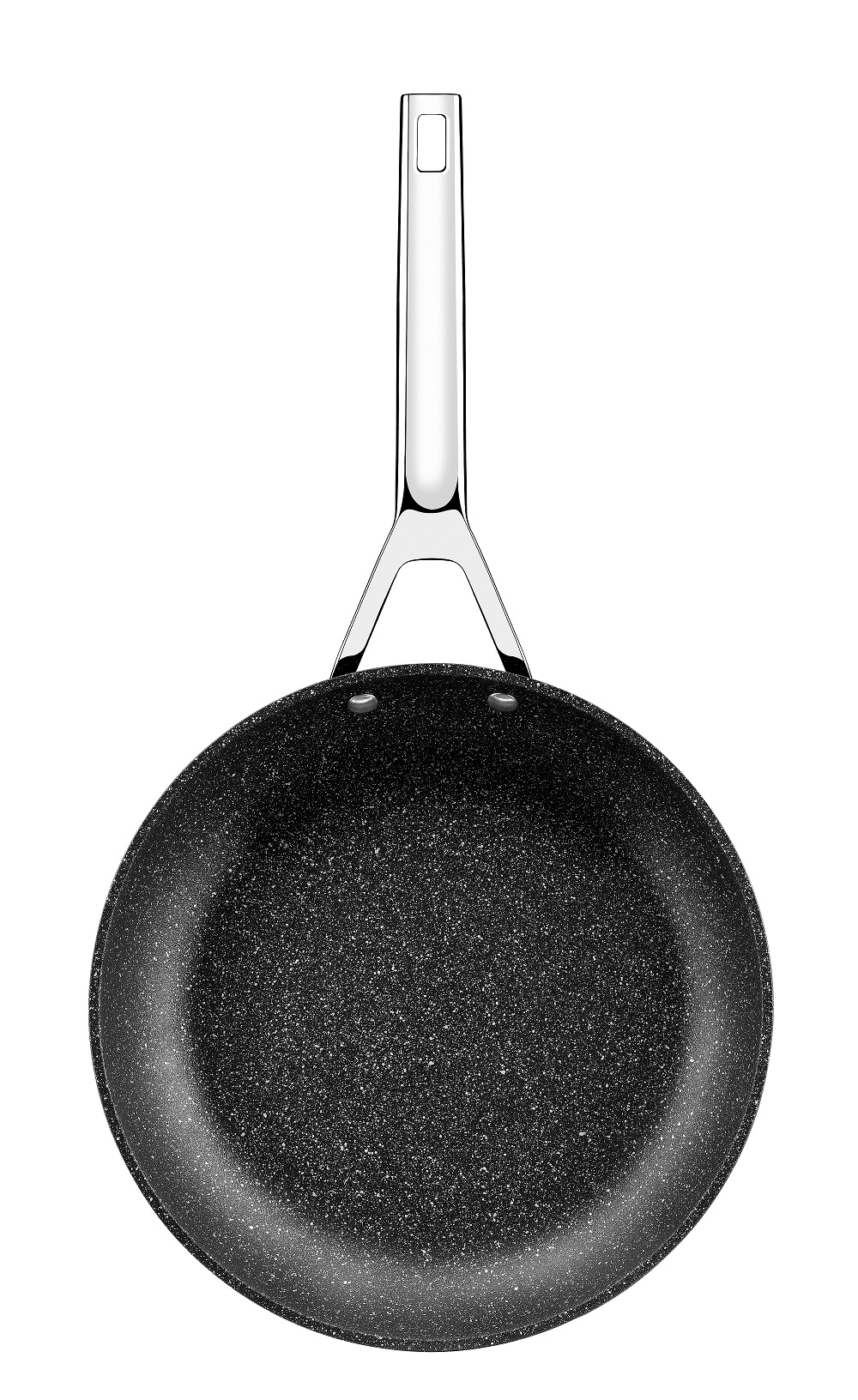 Widok z góry na czarną patelnię ze srebrnym uchwytem, ​​izolowaną na białym tle.