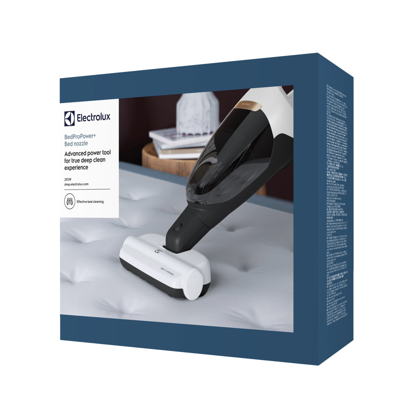 Boîte avec un aspirateur à main nettoyant un matelas. Texte: 'BedProPower+' et 'Advanced power tool'.