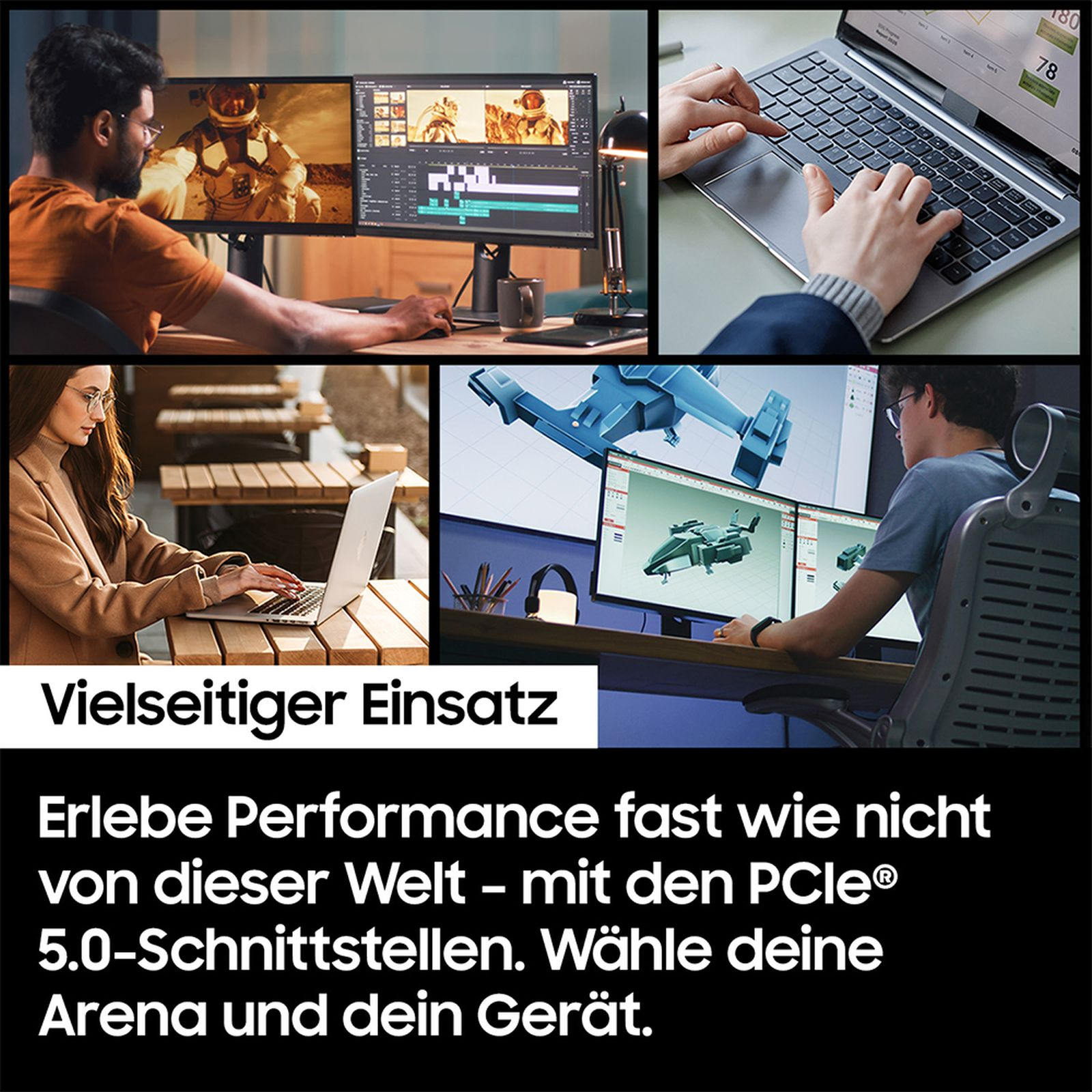 Kolaż przedstawiający ludzi pracujących na komputerach, w tym edycję wideo, modelowanie 3D i korzystanie z laptopów.