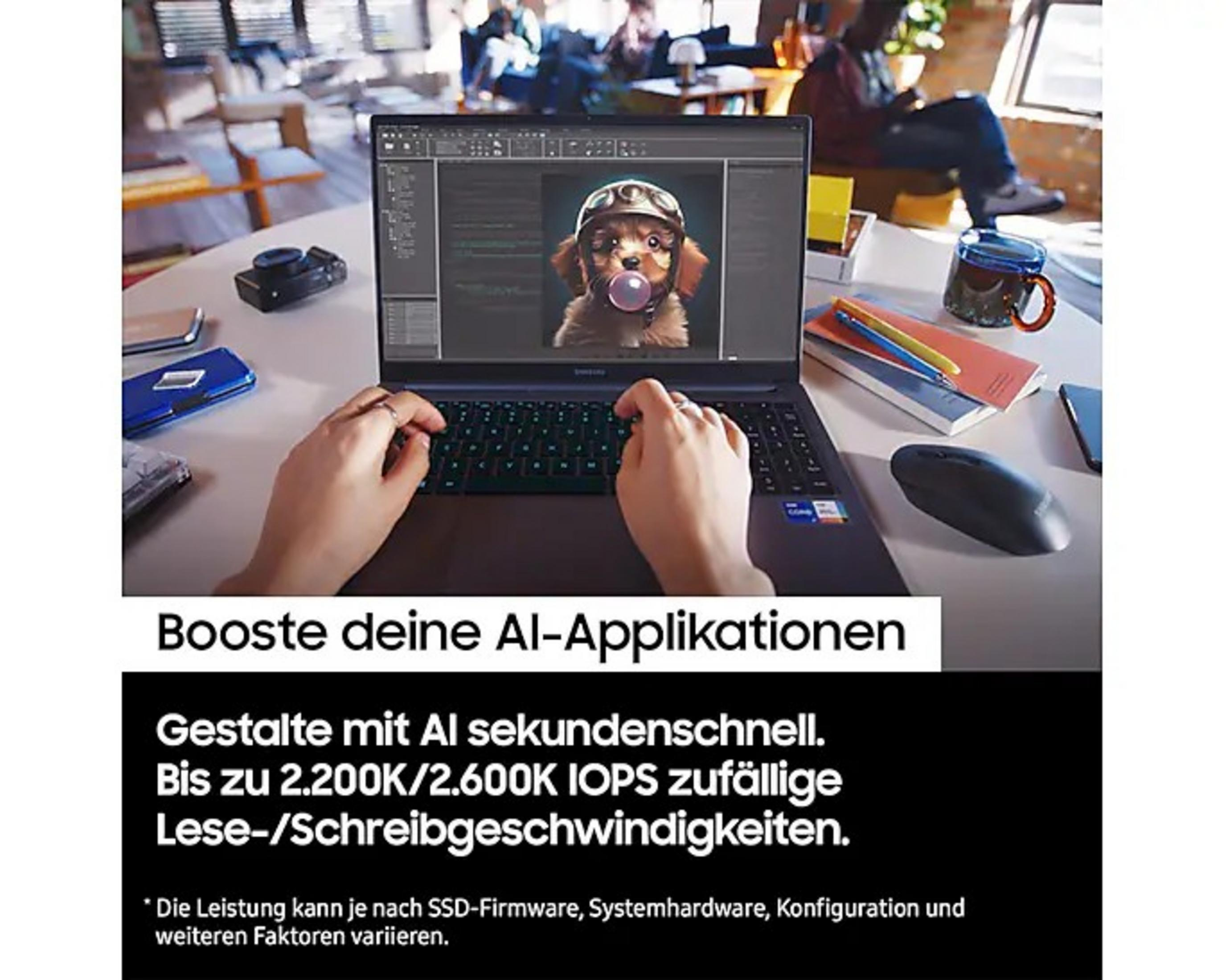 Osoba korzystająca z laptopa ze zdjęciem psa na ekranie, w pobliżu kubka i aparatu.