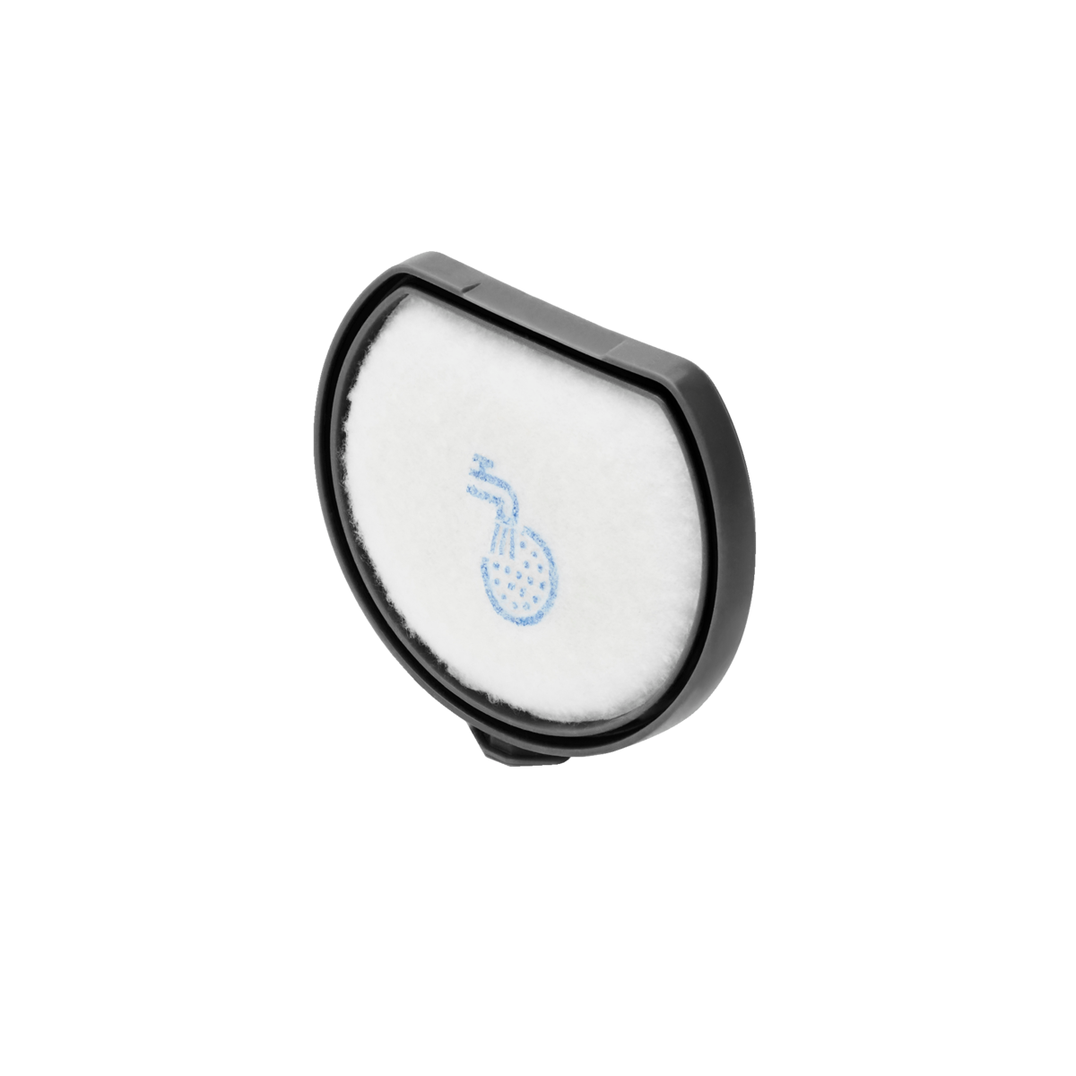 Un filtre à vide circulaire avec motif bleu imprimé, cadre noir et remplissage blanc.