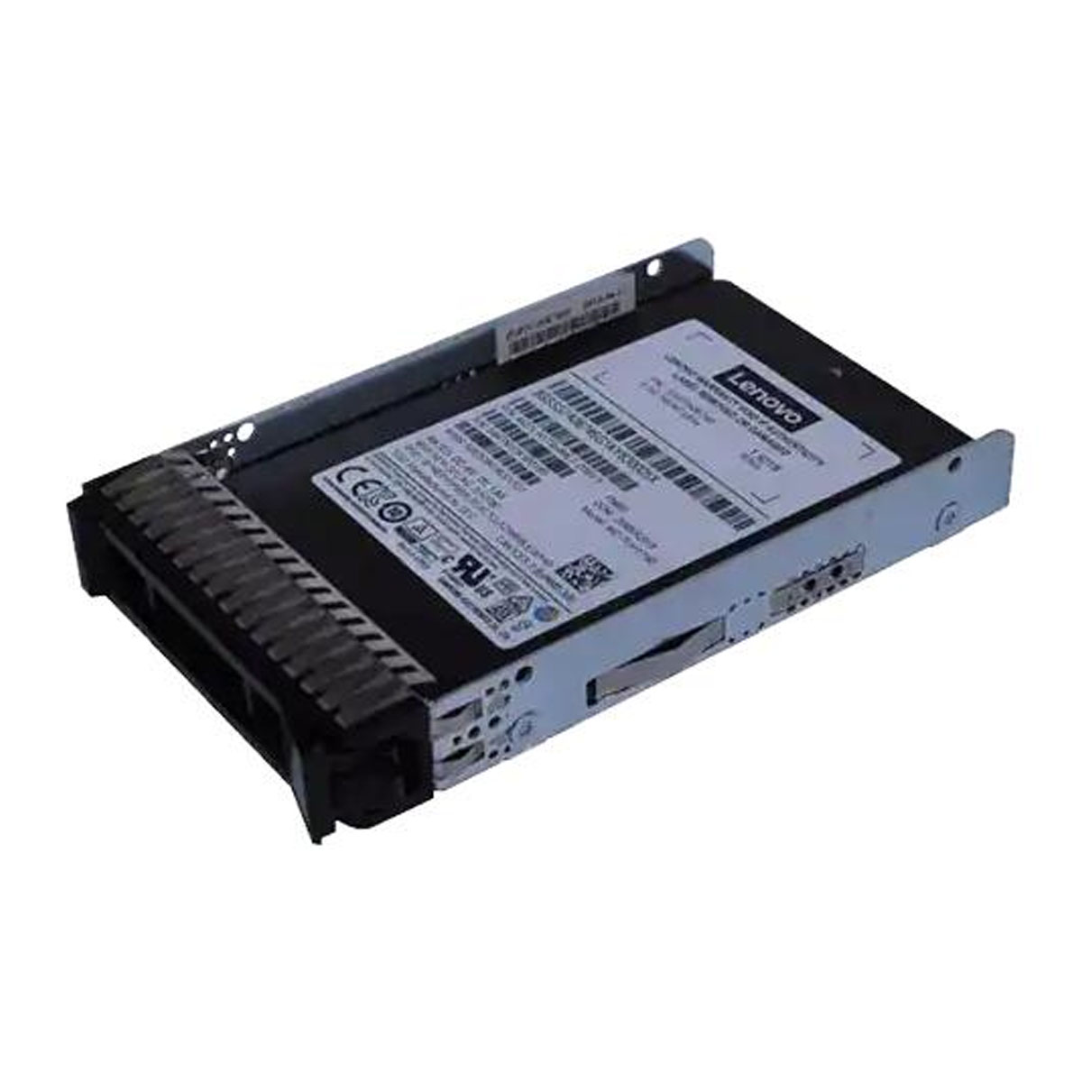 Metal çerçeveli ve etiketli Lenovo SSD, siyah ve gümüş.