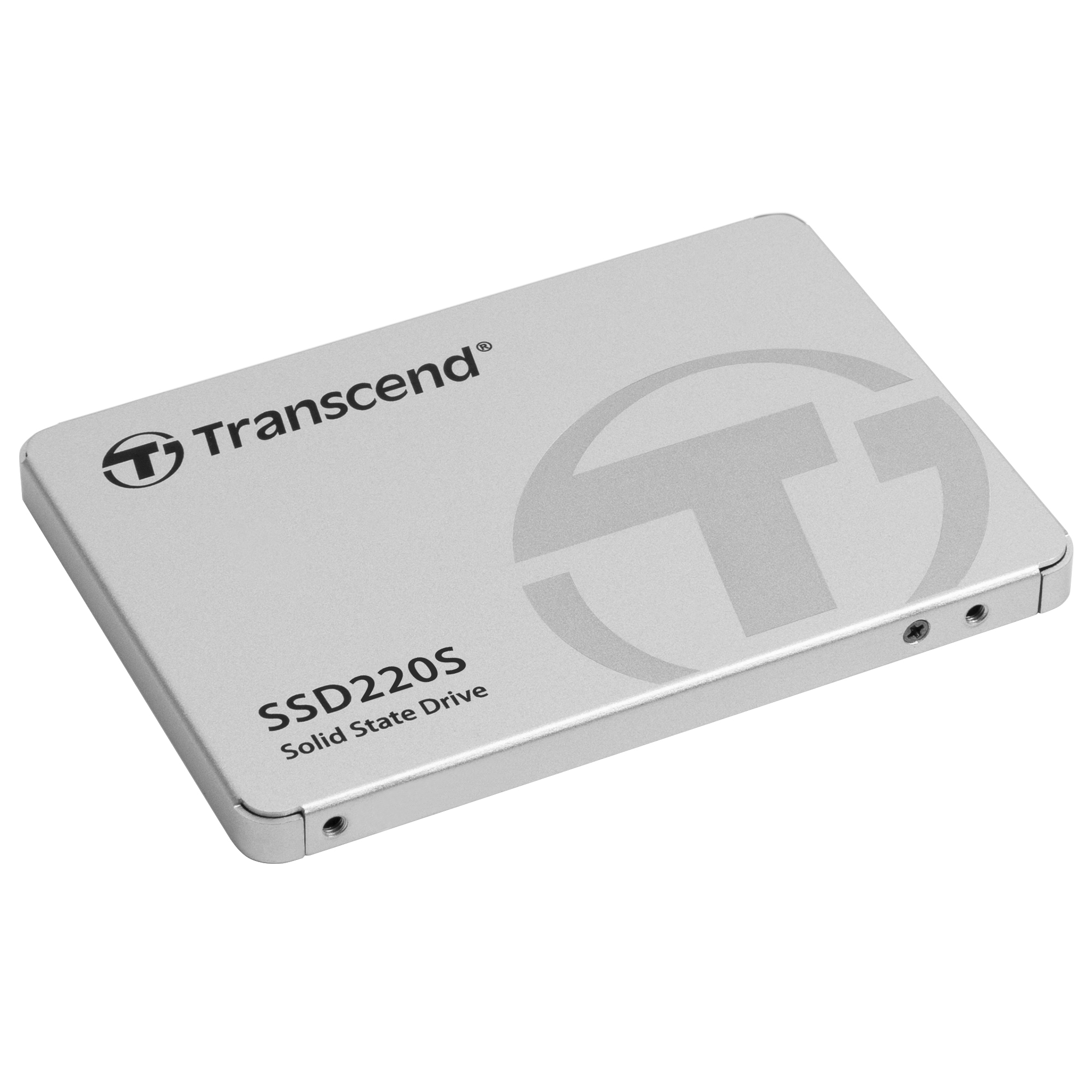 Srebrny Transcend SSD220S z logo, na białym tle. Dysk jest lekko pochylony.