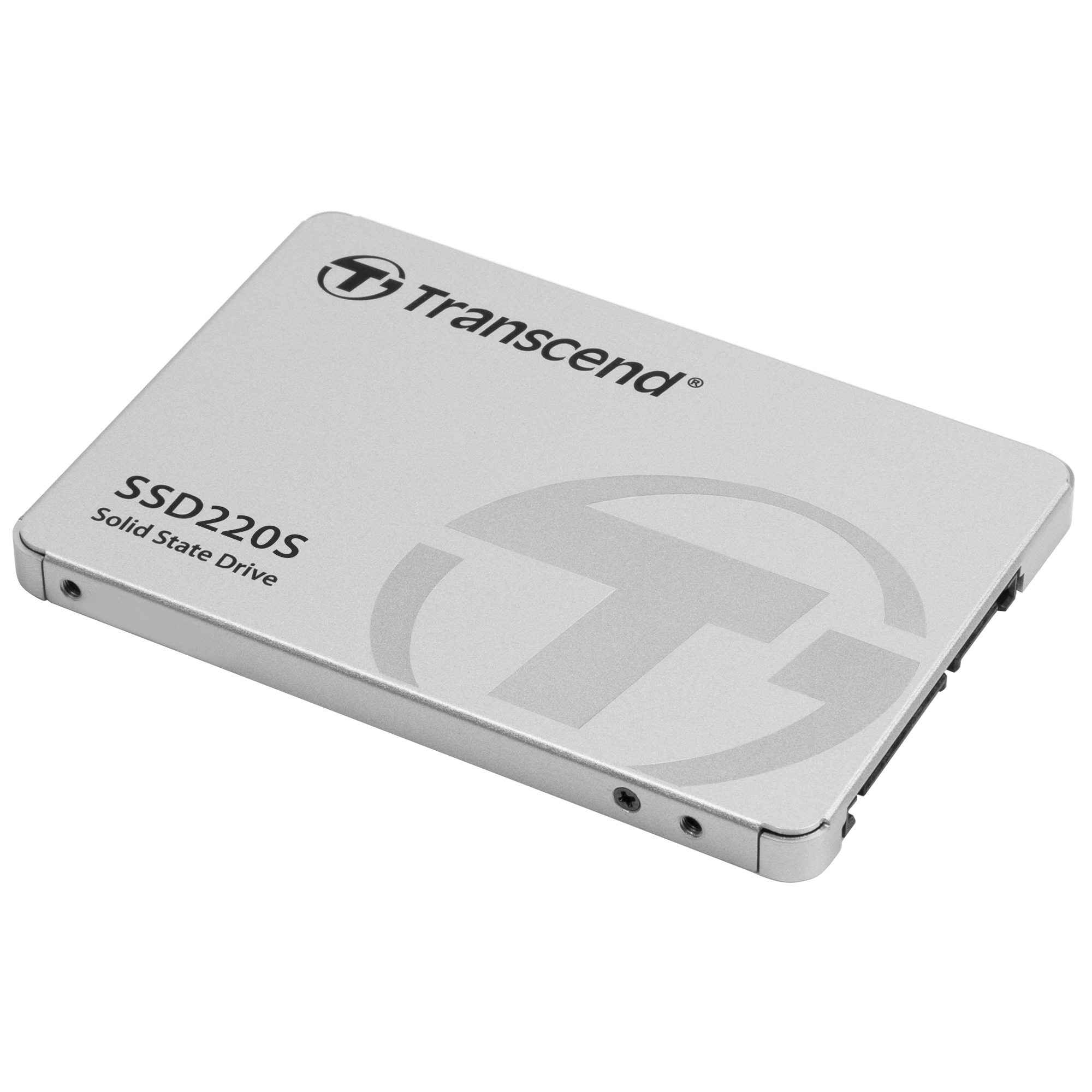 Srebrny dysk SSD Transcend, widok z boku, z logo i tekstem.
