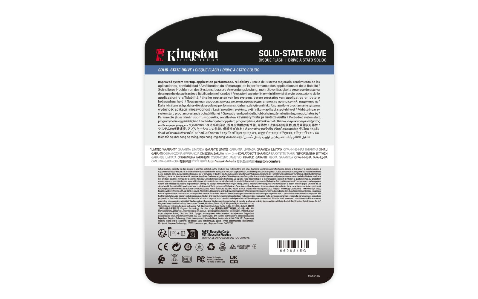 Tył opakowania dysku SSD Kingston z tekstem i logo. Białe tło z odrobiną koloru.