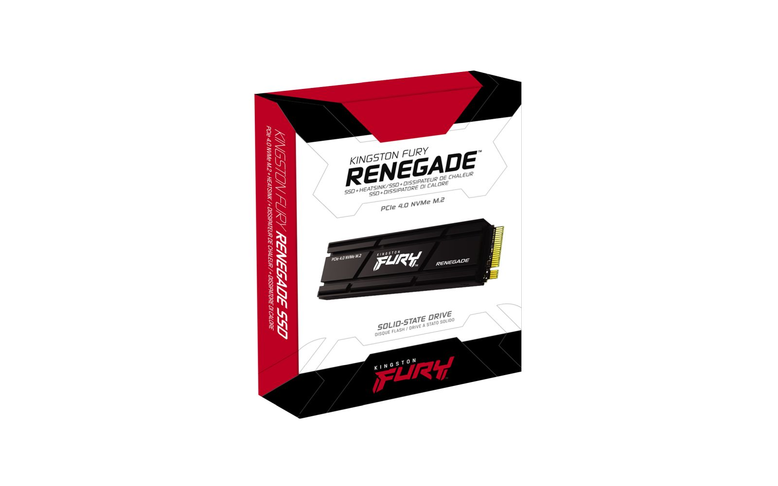 Pudełko Kingston FURY Renegade SSD na białym tle. Kolory czerwony i czarny, pokazujący dysk.