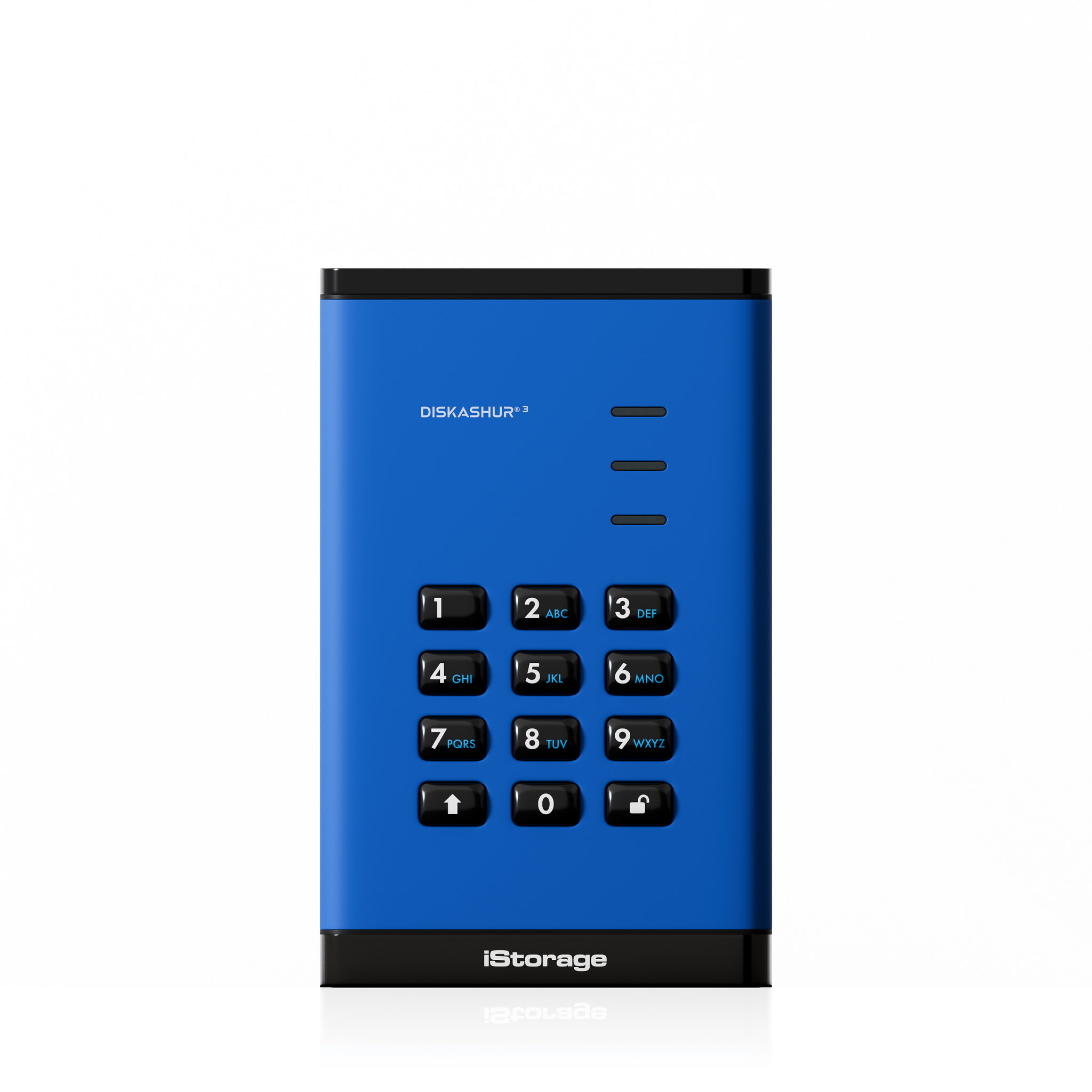 iStorage diskashur 2 blu con tastiera e pulsanti. Sfondo bianco. Il dispositivo è dritto.
