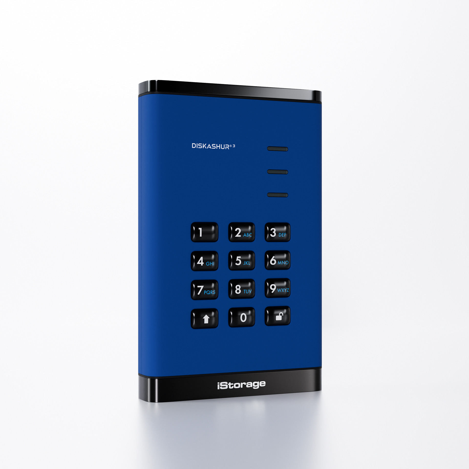 Disco iStorage blu con tastierino. Lo sfondo è bianco.