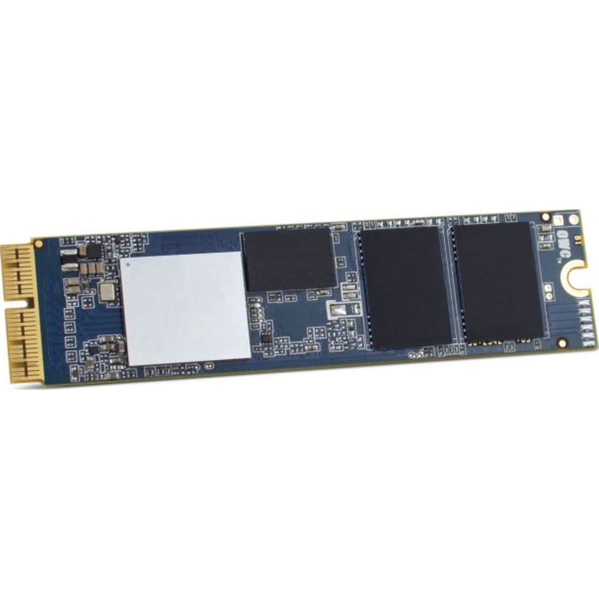Scheda a circuito stampato SSD. Blu con chip e componenti. Sfondo bianco.