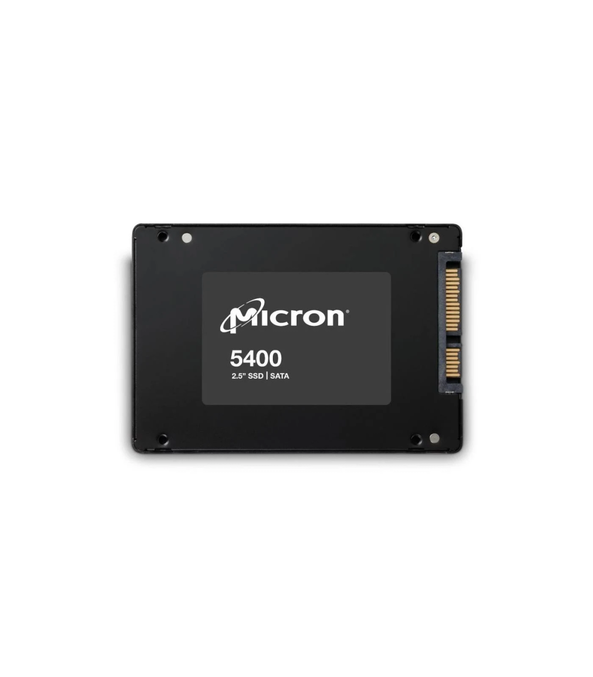 SSD Micron 5400 nera. Sfondo bianco. Vista dall'alto.