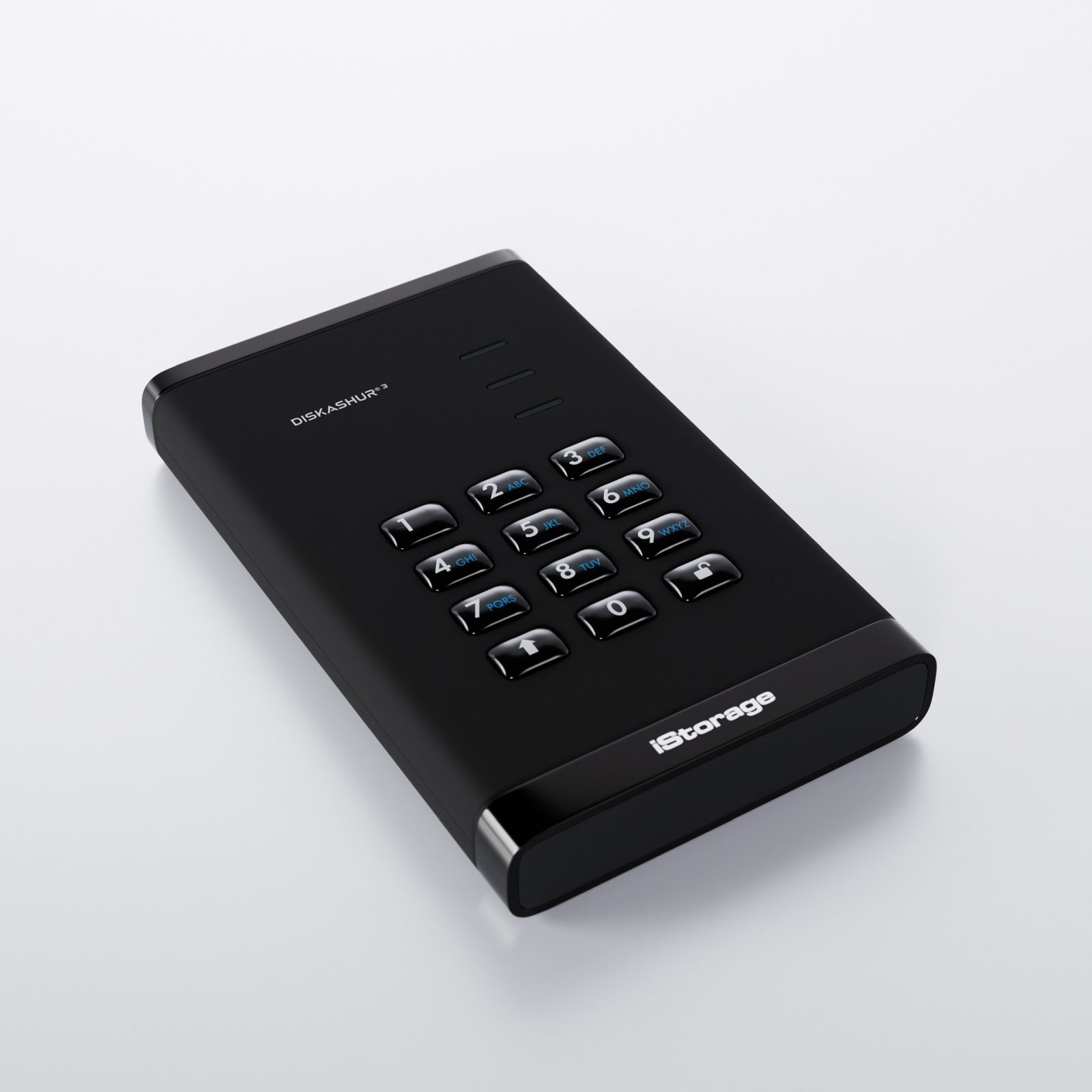 iStorage Diskashur3 nero. Tastierino con numeri e tasti funzione, vista angolata.
