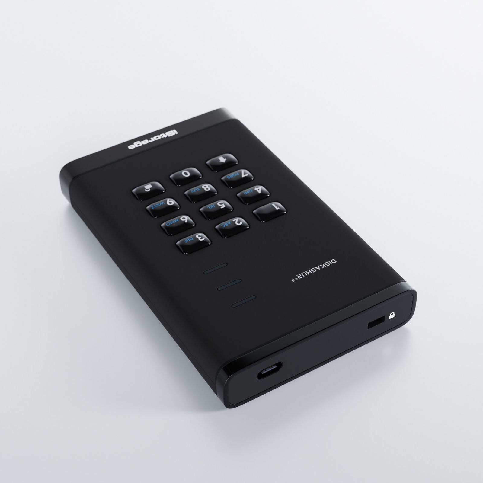 iStorage Diskashur3 nero. Tastierino con numeri e tasti funzione, angolato.