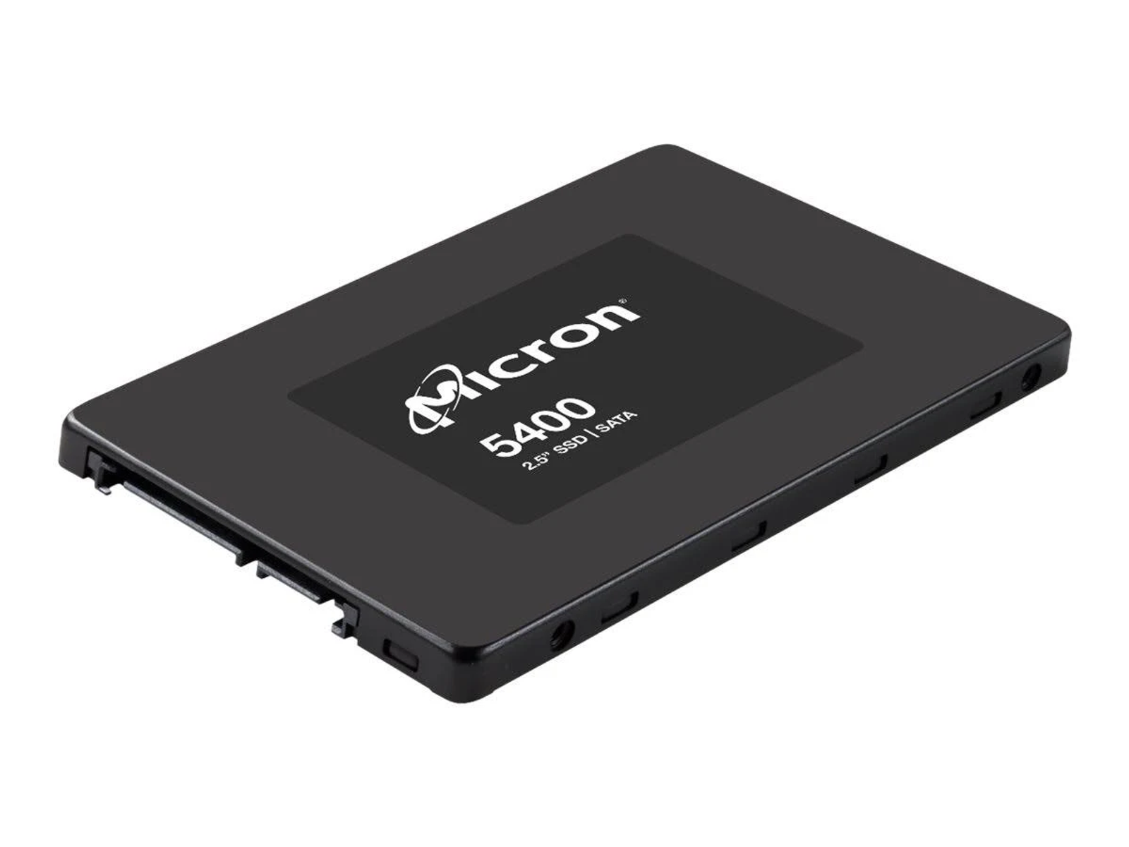 Czarny Micron 5400 SSD. Kwadratowy, z logo Micron i etykietą na górze.