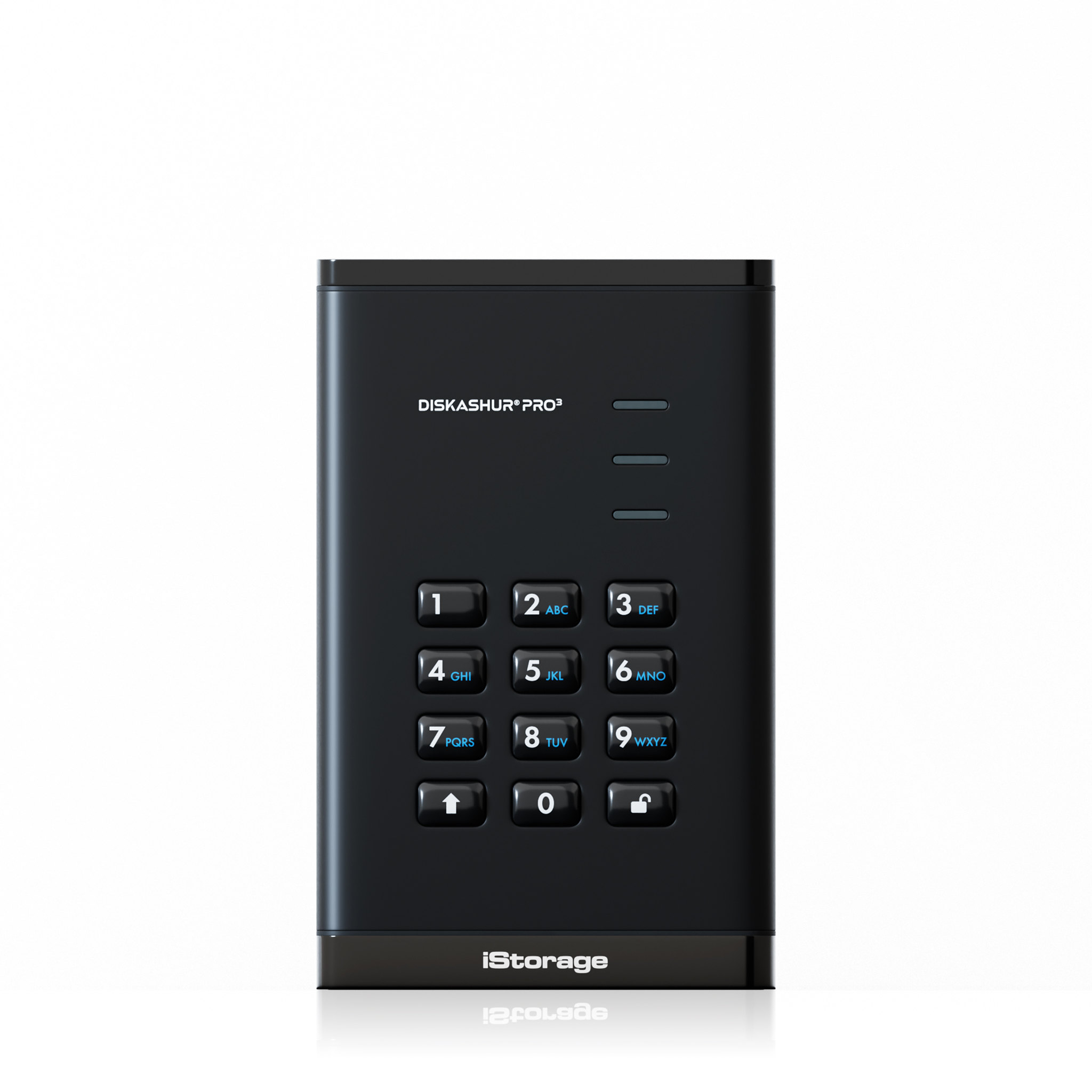 Disco rigido iStorage nero con tastierino e pulsanti. Sopra c'è scritto 'DISKASHUR PRO'. Sfondo bianco.