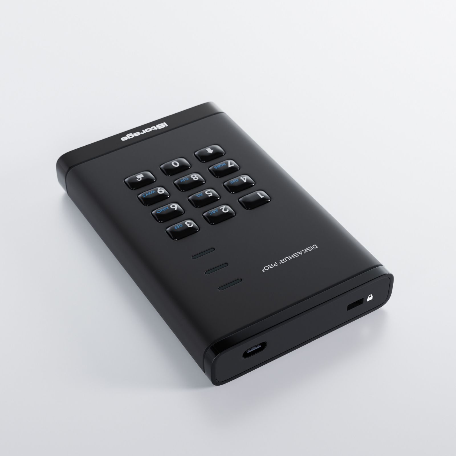 Disco rigido iStorage nero con tastierino e pulsanti. Sopra c'è scritto 'DISKASHUR PRO'. Sfondo bianco.