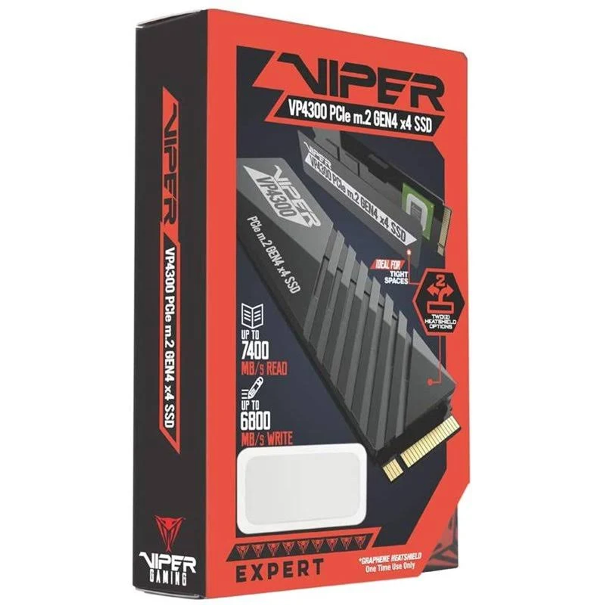 Scatola rossa e nera. Niper VP4300 PCIe m.2 GEN4 X4 SSD, immagine dell'SSD e specifiche.