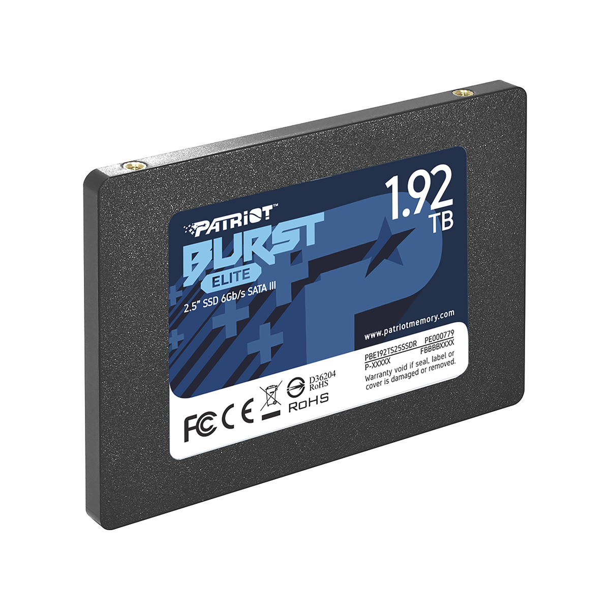SSD nera con etichetta. Patriot Burst Elite 1.92TB, testo e loghi sull'etichetta.