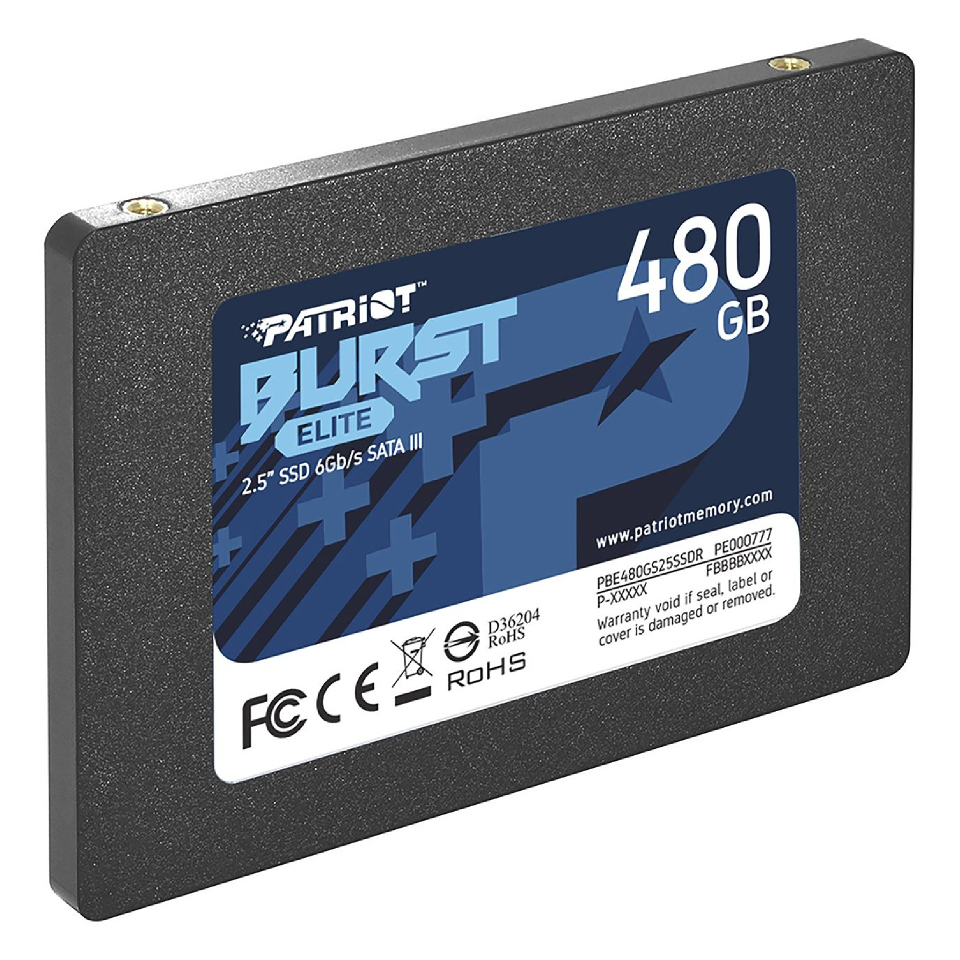 Czarny dysk SSD z etykietą. Patriot Burst Elite 480 GB, tekst i logo na etykiecie.