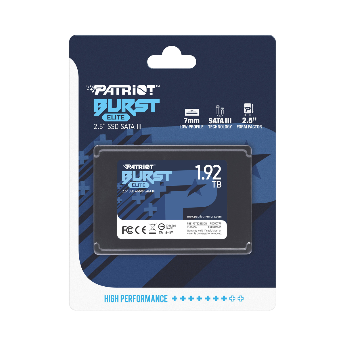 Un SSD Patriot Burst Elite da 1,92 TB nella sua confezione. La confezione è blu e bianca.