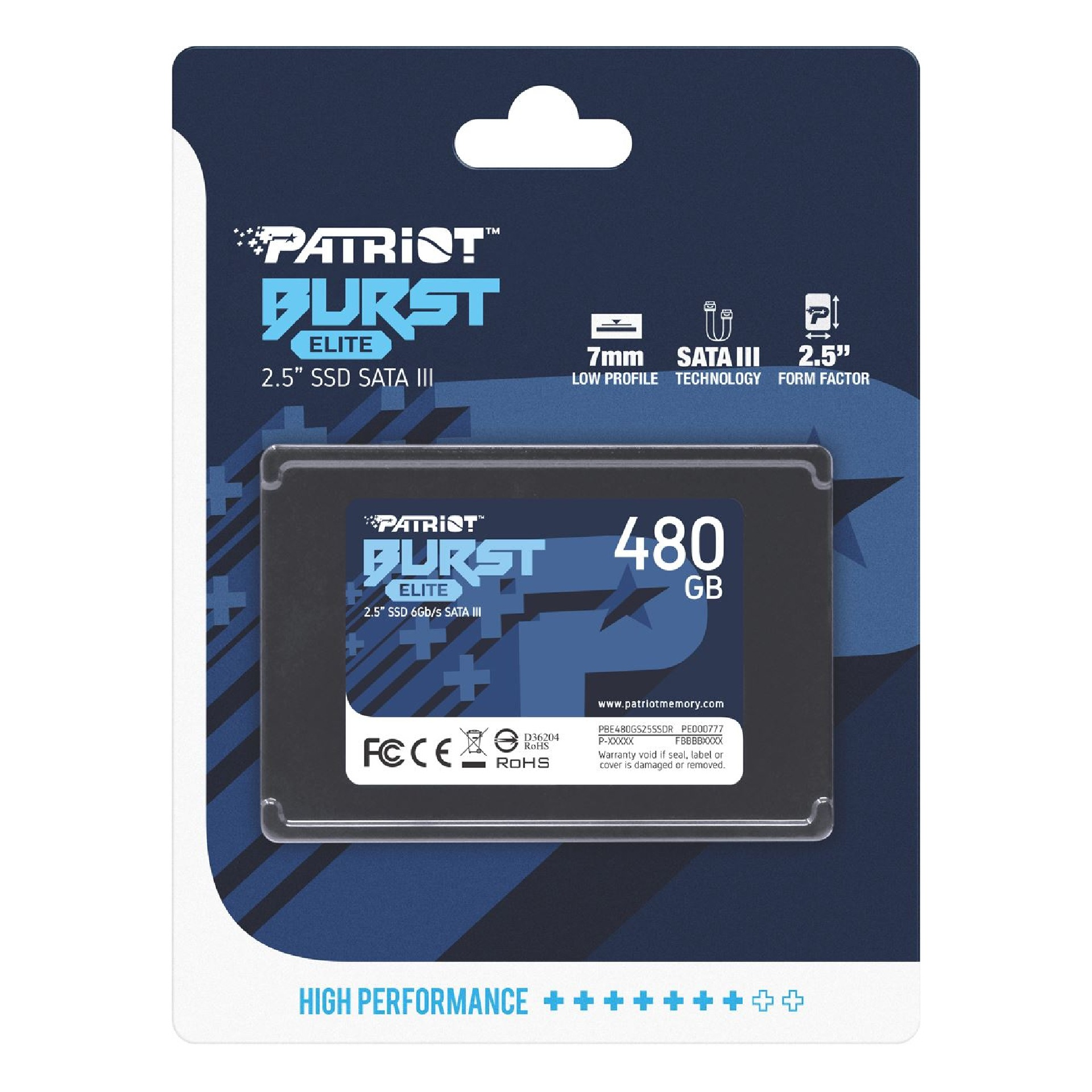 Dysk SSD Patriot Burst Elite 480GB w opakowaniu. Opakowanie jest niebiesko-białe.