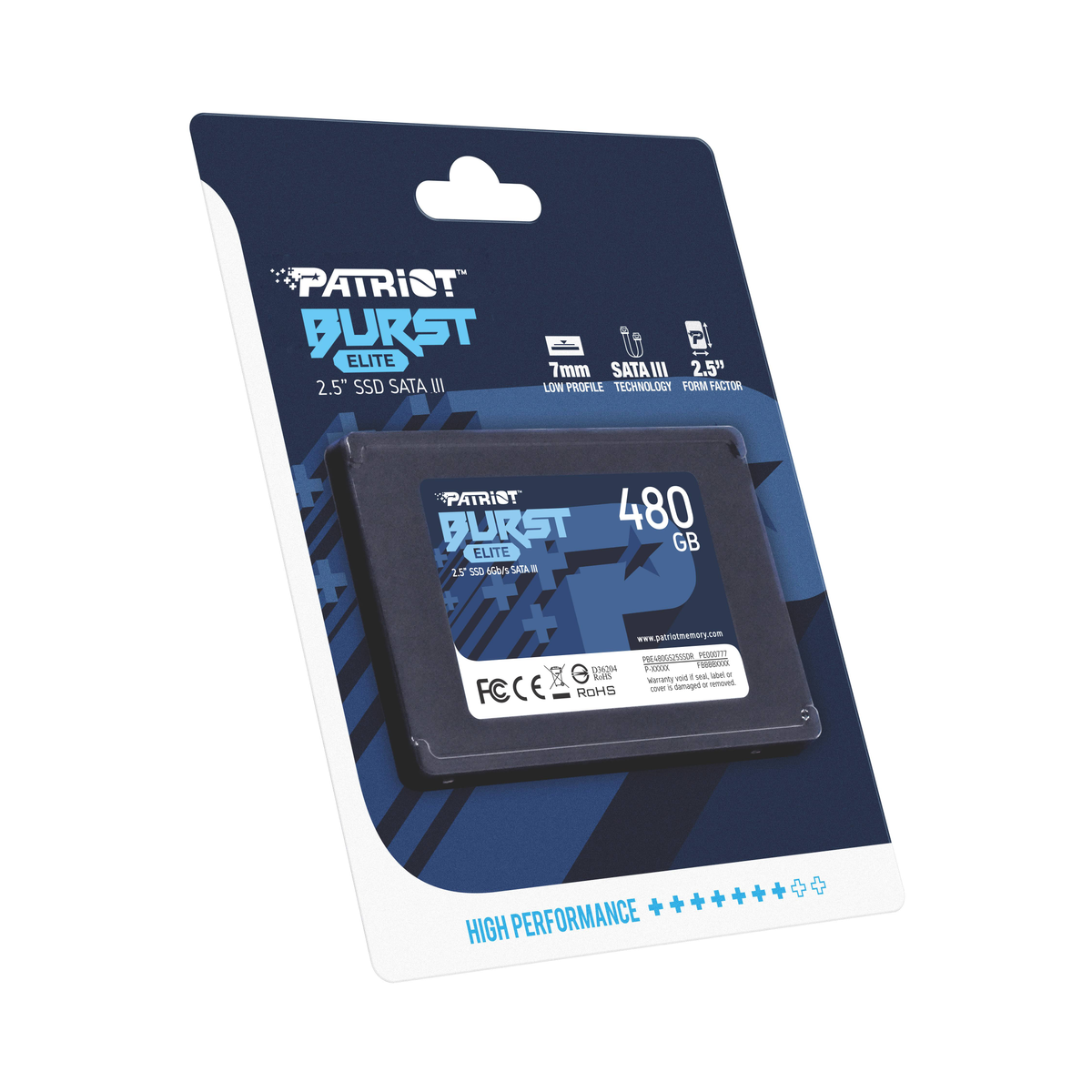 Dysk SSD Patriot Burst Elite 480GB w opakowaniu. Opakowanie jest niebiesko-białe.