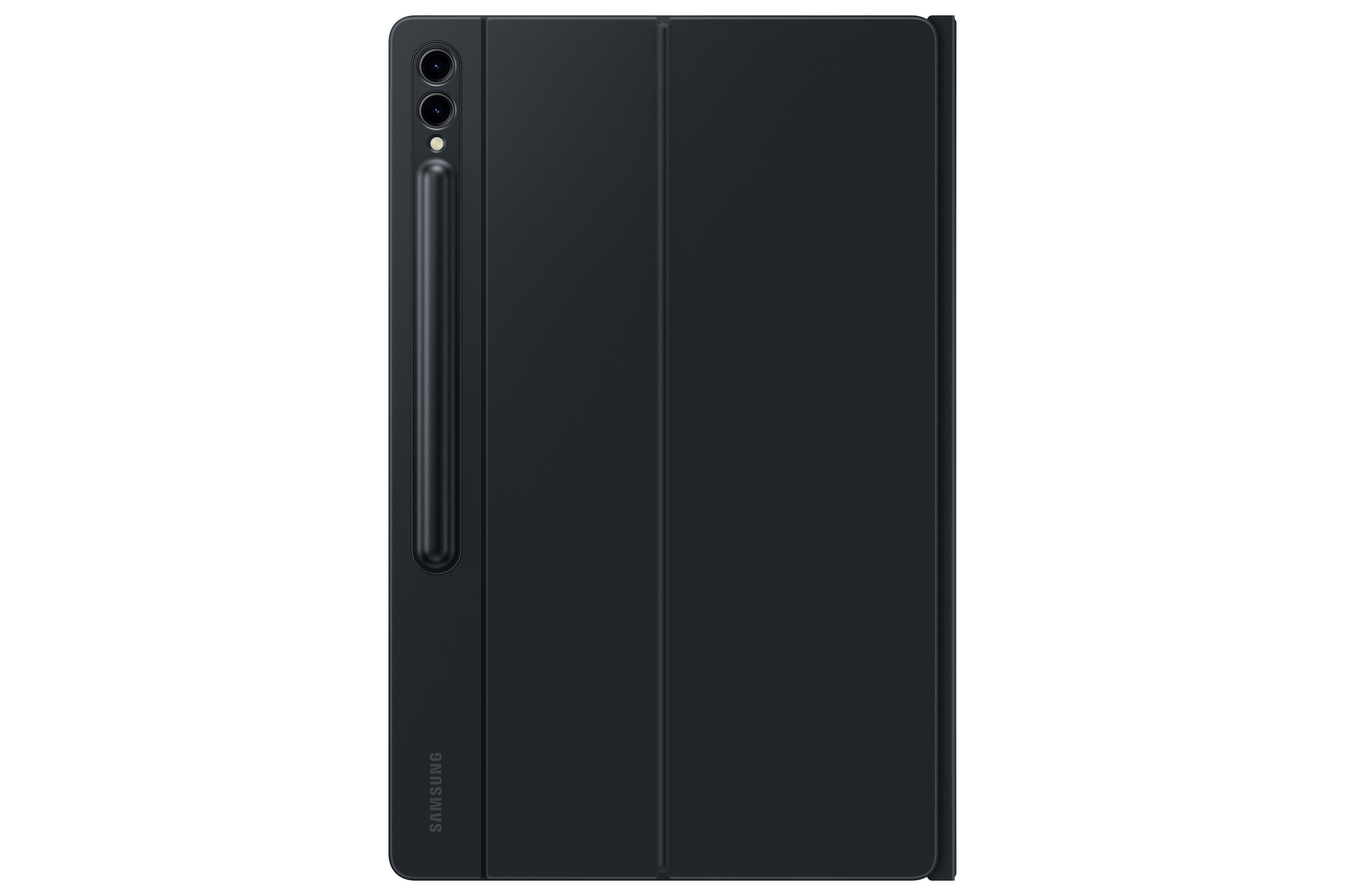 Eine schwarze Tablet-Hülle mit Stift. Die Tablet-Hülle ist geschlossen.